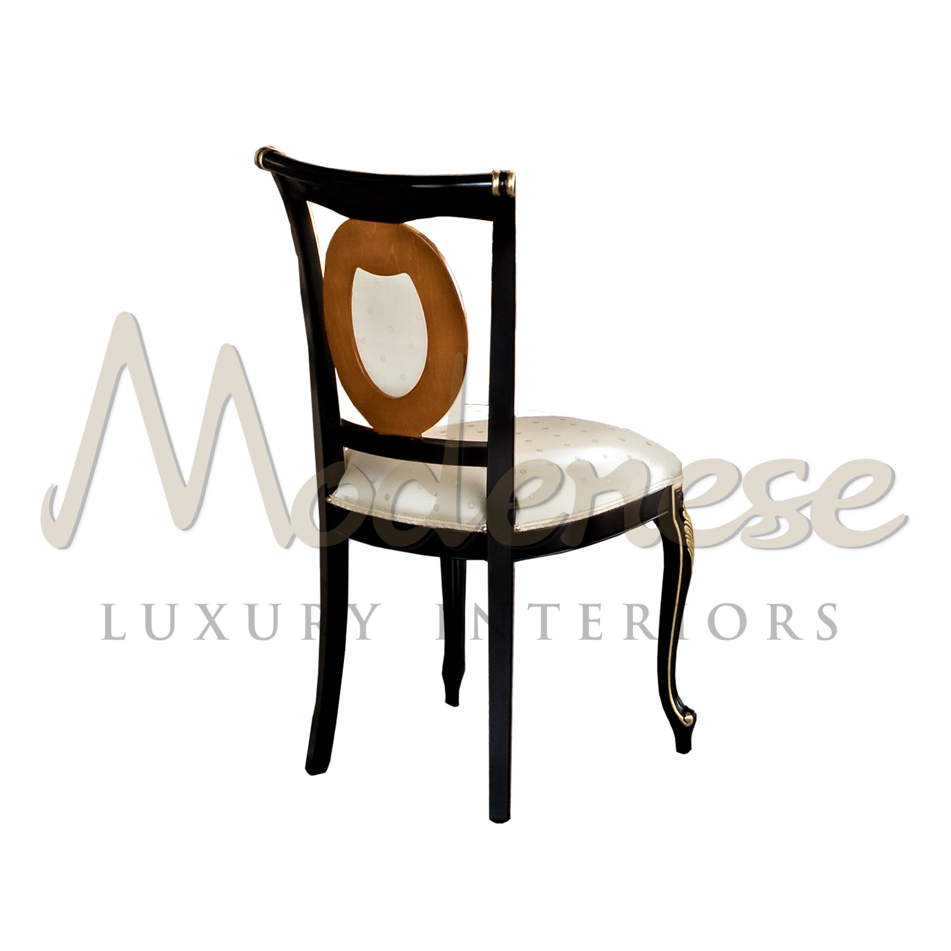 Handcrafted elegance with upholstered seating on black lacquered frame. Intricate golden details add charm. Customizable fabric and frame colors available.