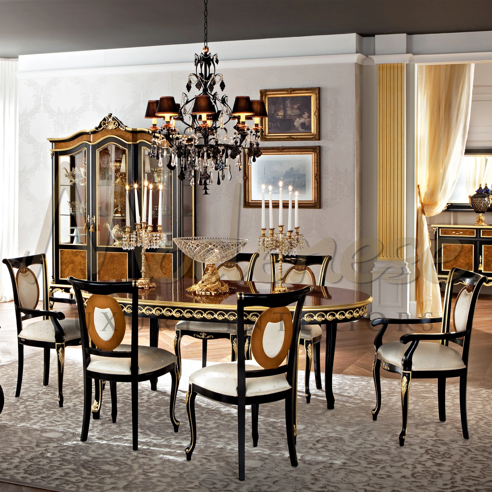 Luxurious handcrafted dining table with intricate golden details. Customizable fabric and frame options.