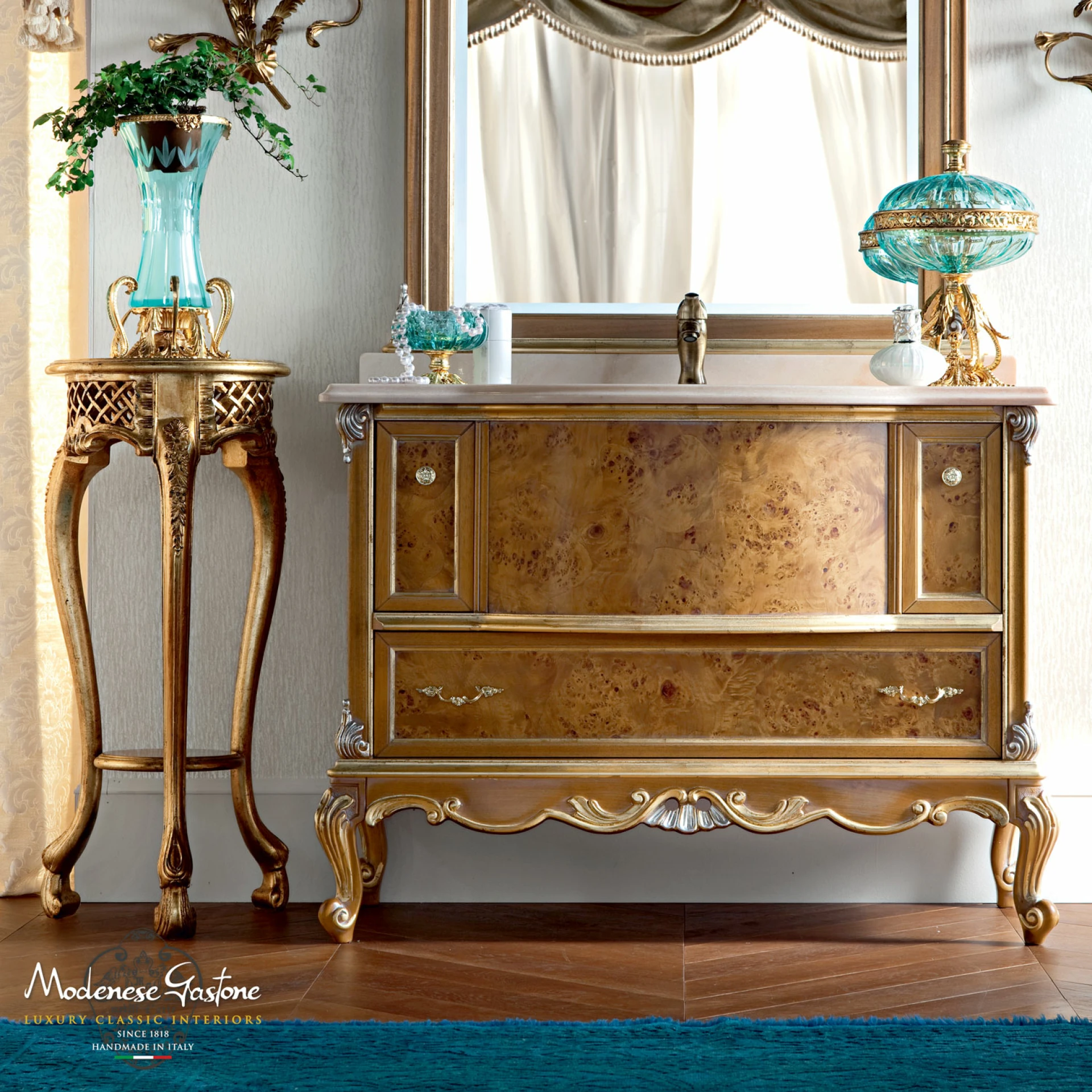 Elegant baroque classical radica briar sink cabinet for rococo bathroom design