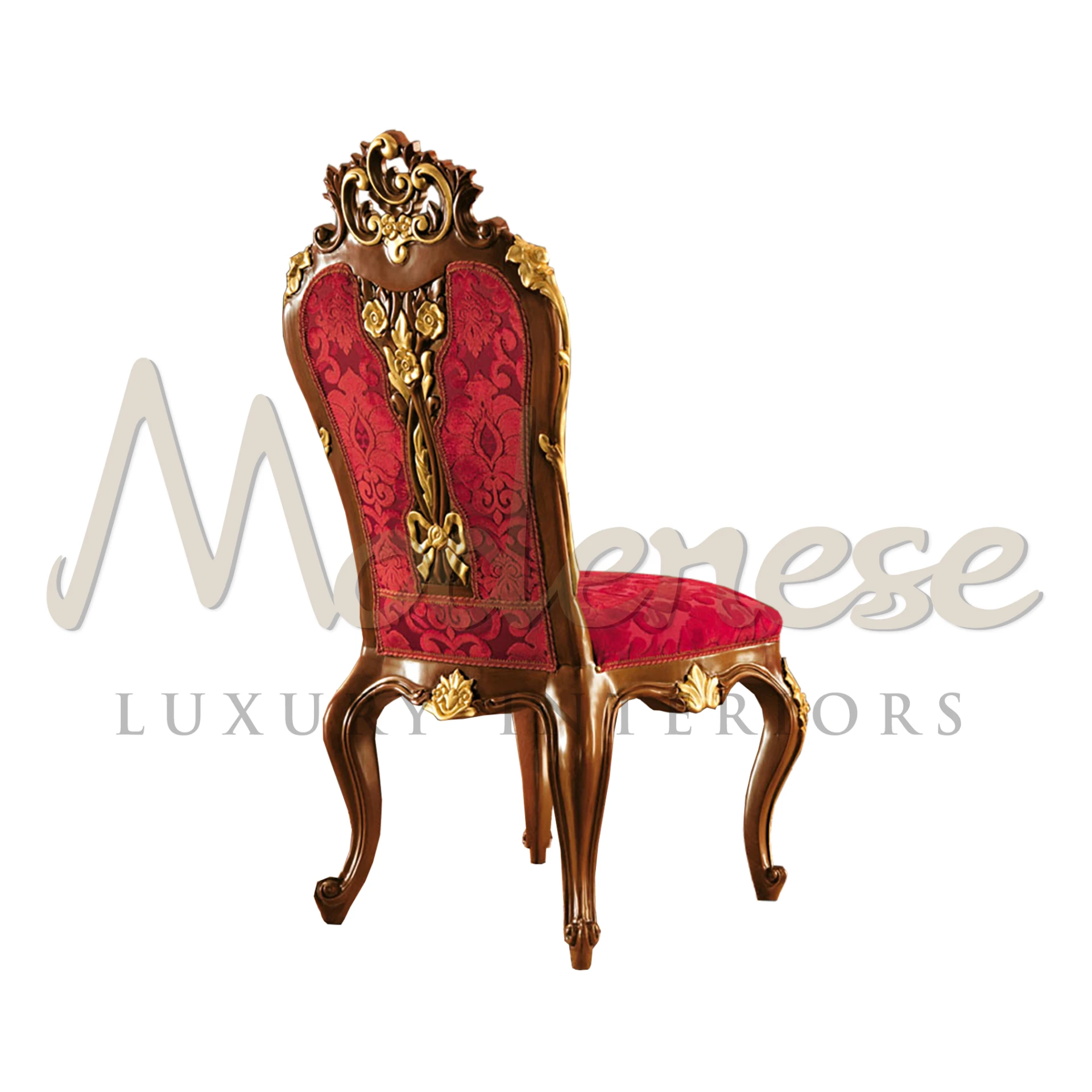 Modenese Furniture's specially designed chair features flamboyant upholstery and gold leaf carvings, a head-turner for any living space.