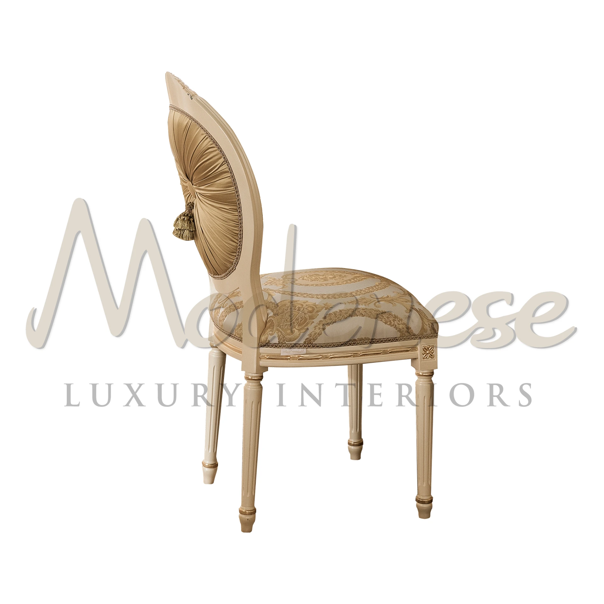 Crafted by Modenese Furniture, solid wood frame, plush upholstery in patterned fabric, adorned with elegant plated backrest from the Imperial collection.