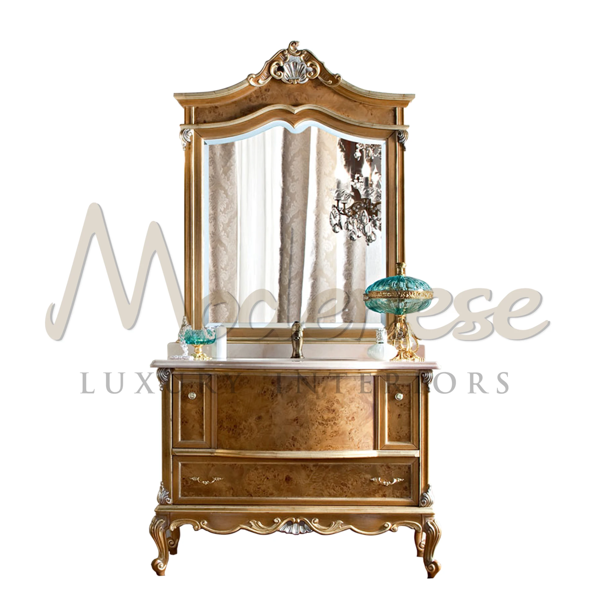 Wood radica briar cabinet for luxurious bathroom design with gold leaf and white marble top