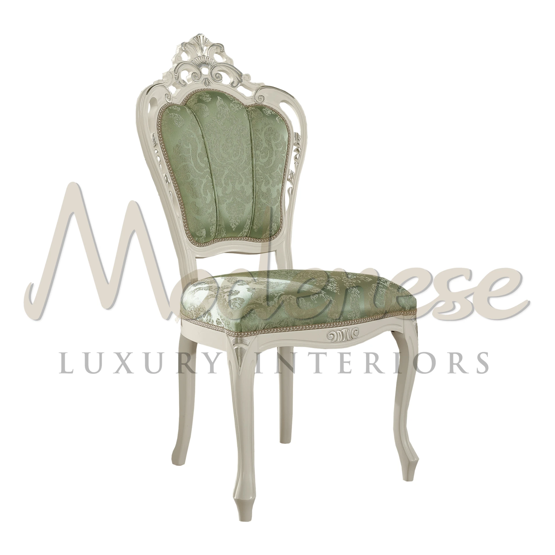 From Modenese Furniture's classic collection, this chair boasts a curved wooden frame, silver leaf accents, and plush green upholstery.