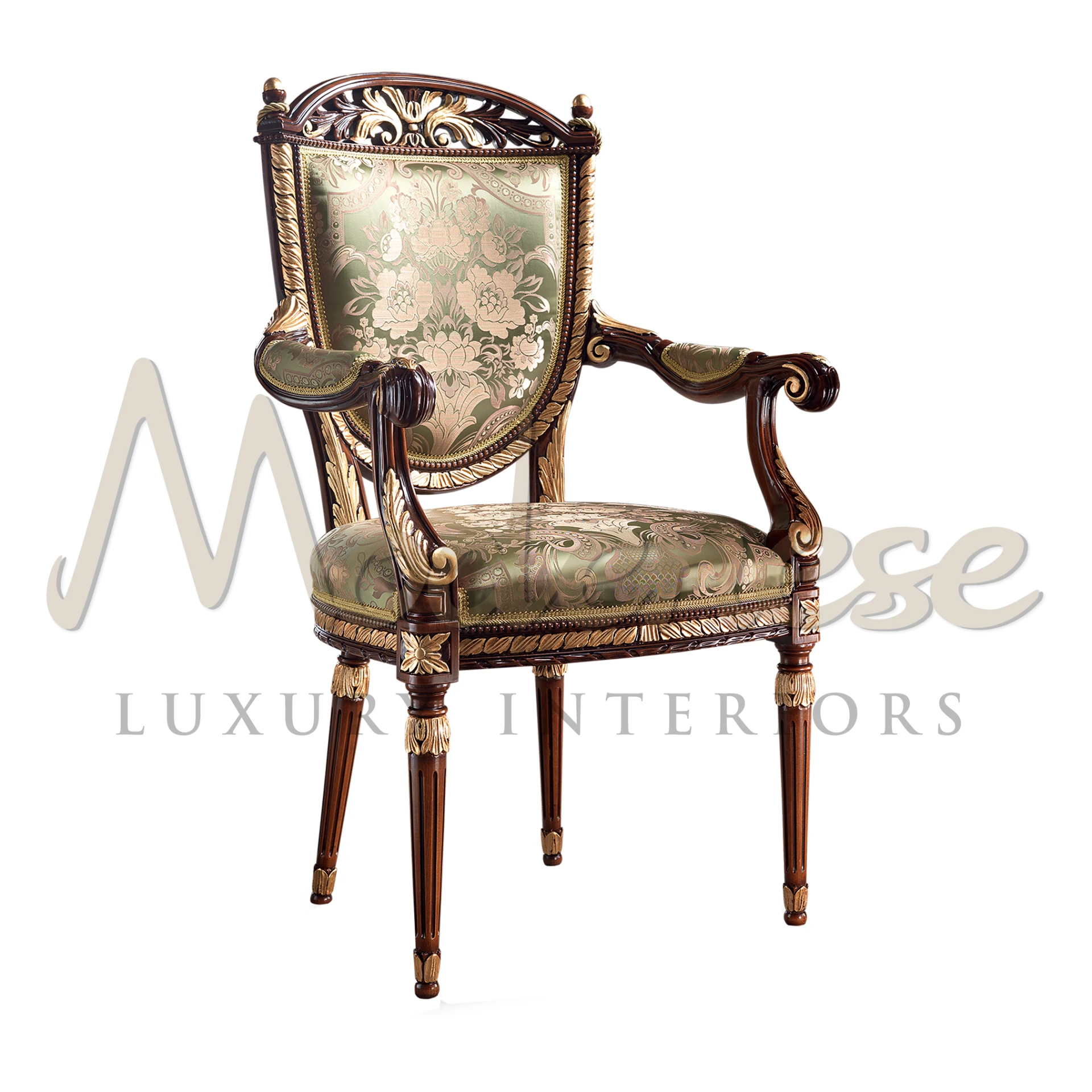 Experience luxury with this upholstered empire armchair, adorned with gold leaf details and premium floral fabric in green.