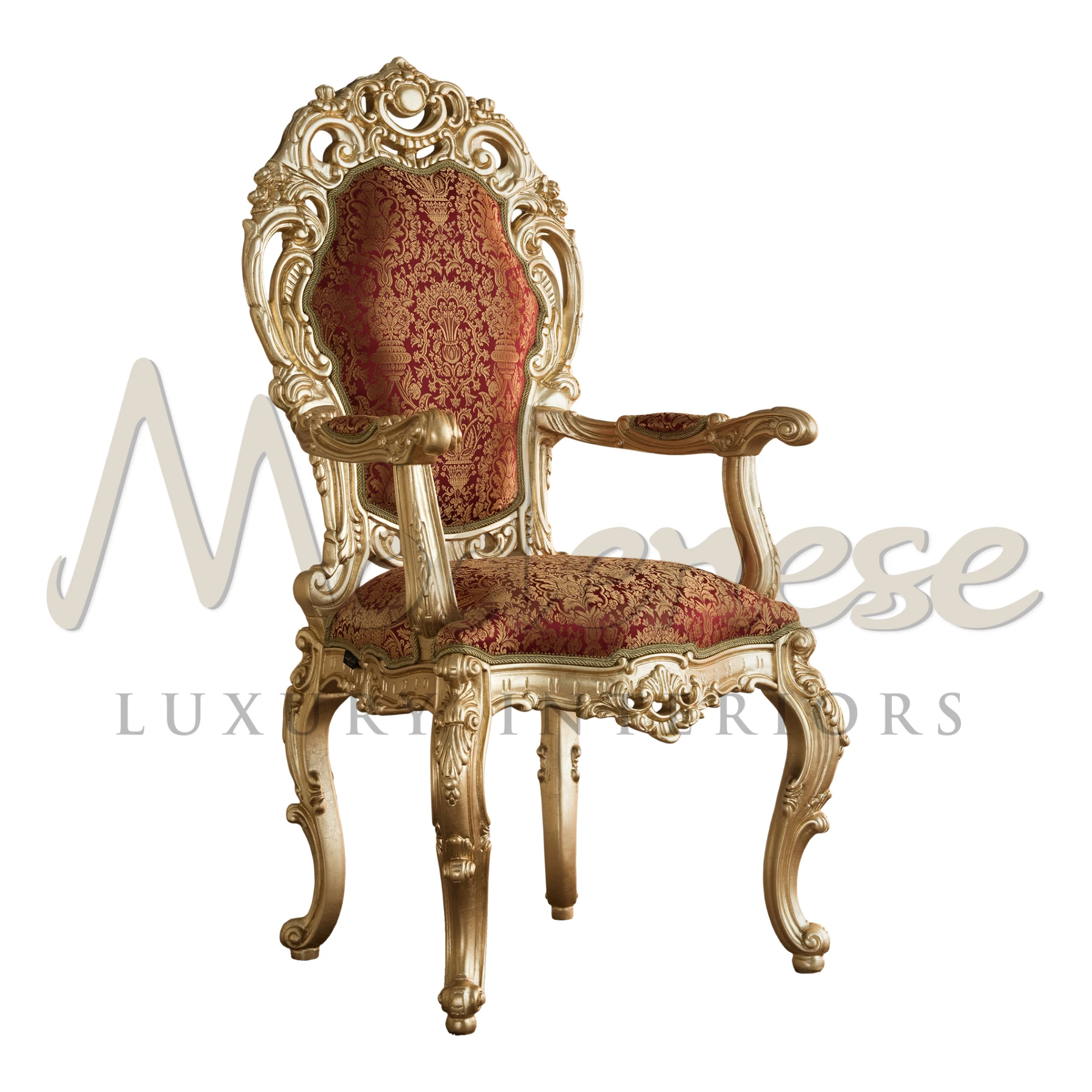 Add royal flair to your mansion with Modenese Interior's baroque dining chair. Hand-carved squiggle designs with gold-leaf finish, patterned upholstery.