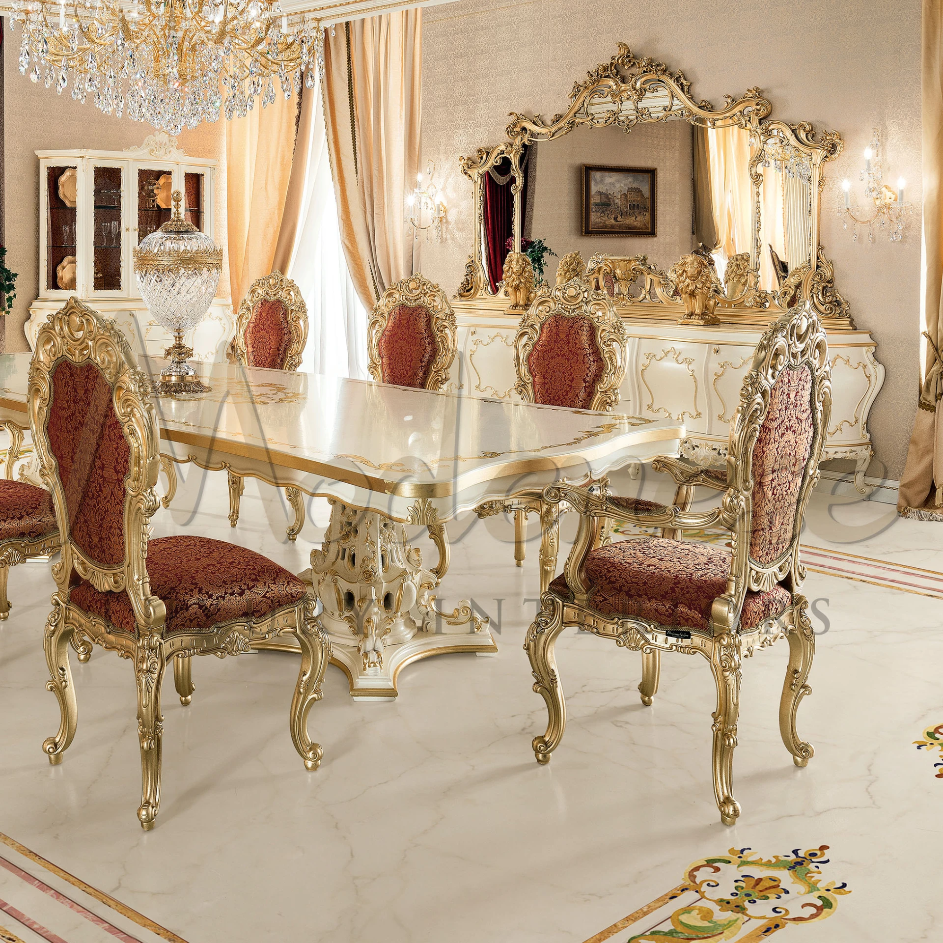 Discover your new mansion's ambiance with Modenese Interior's baroque masterpiece. Hand-carved, gold-leaf adorned, patterned upholstery for monarchic allure.