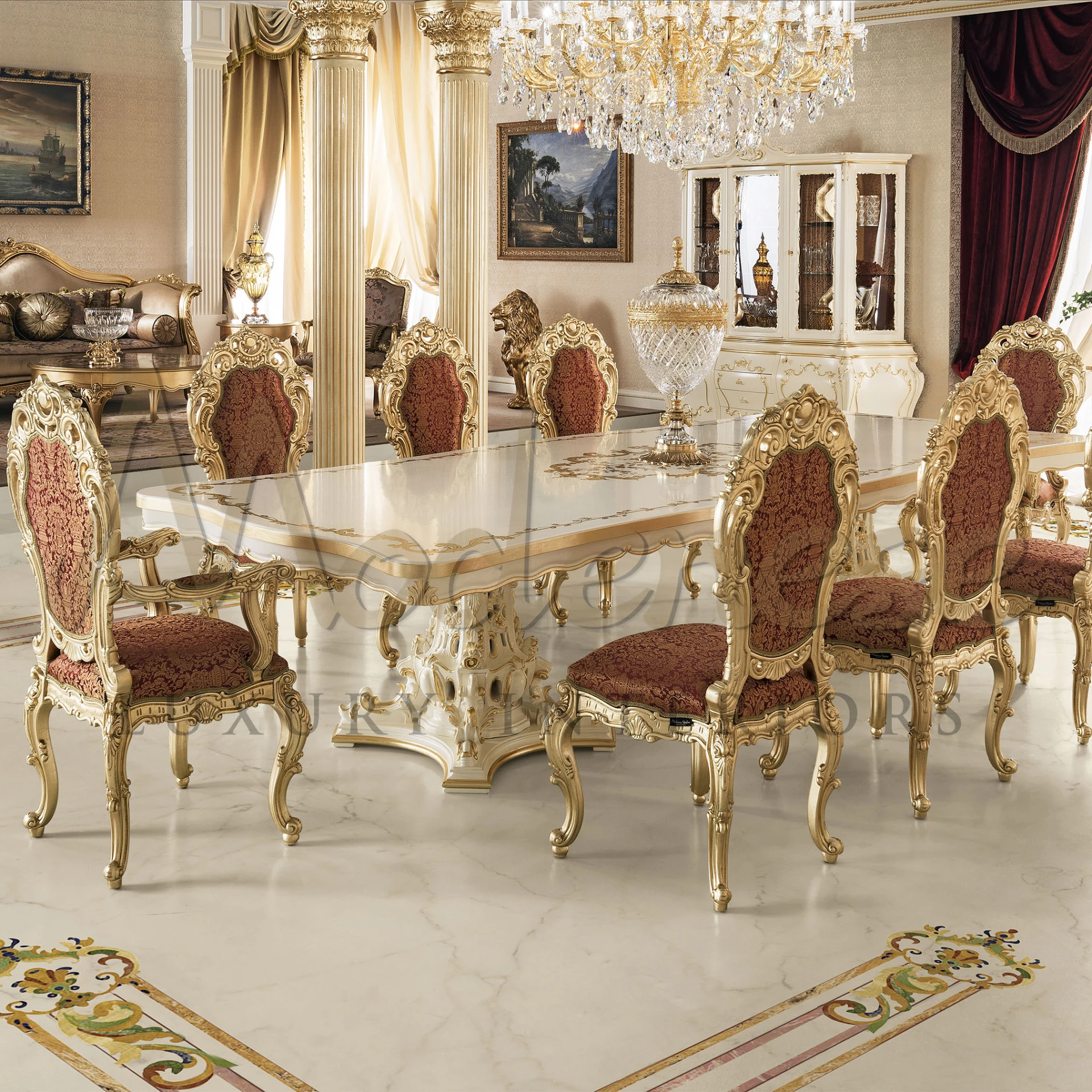 Transform your mansion into a palace with Modenese Interior's exquisite baroque dining. Hand-carved, gold-leaf embellished, patterned upholstery for regal comfort.