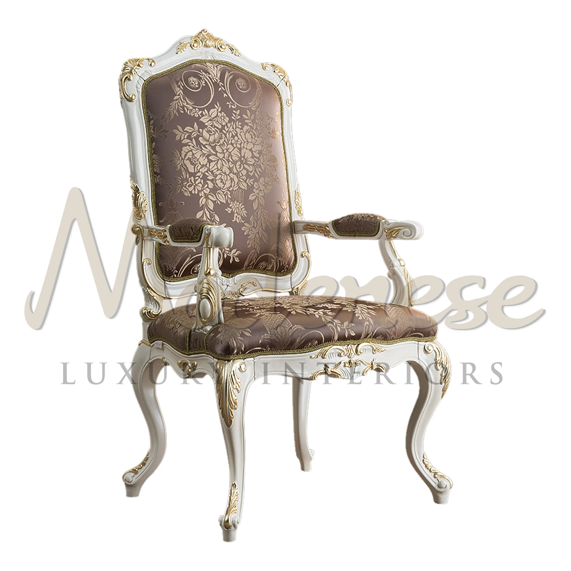 Modenese Furniture presents a majestic armchair with curved baroque legs and premium light purple upholstery, adorned with gold leaf applique details.