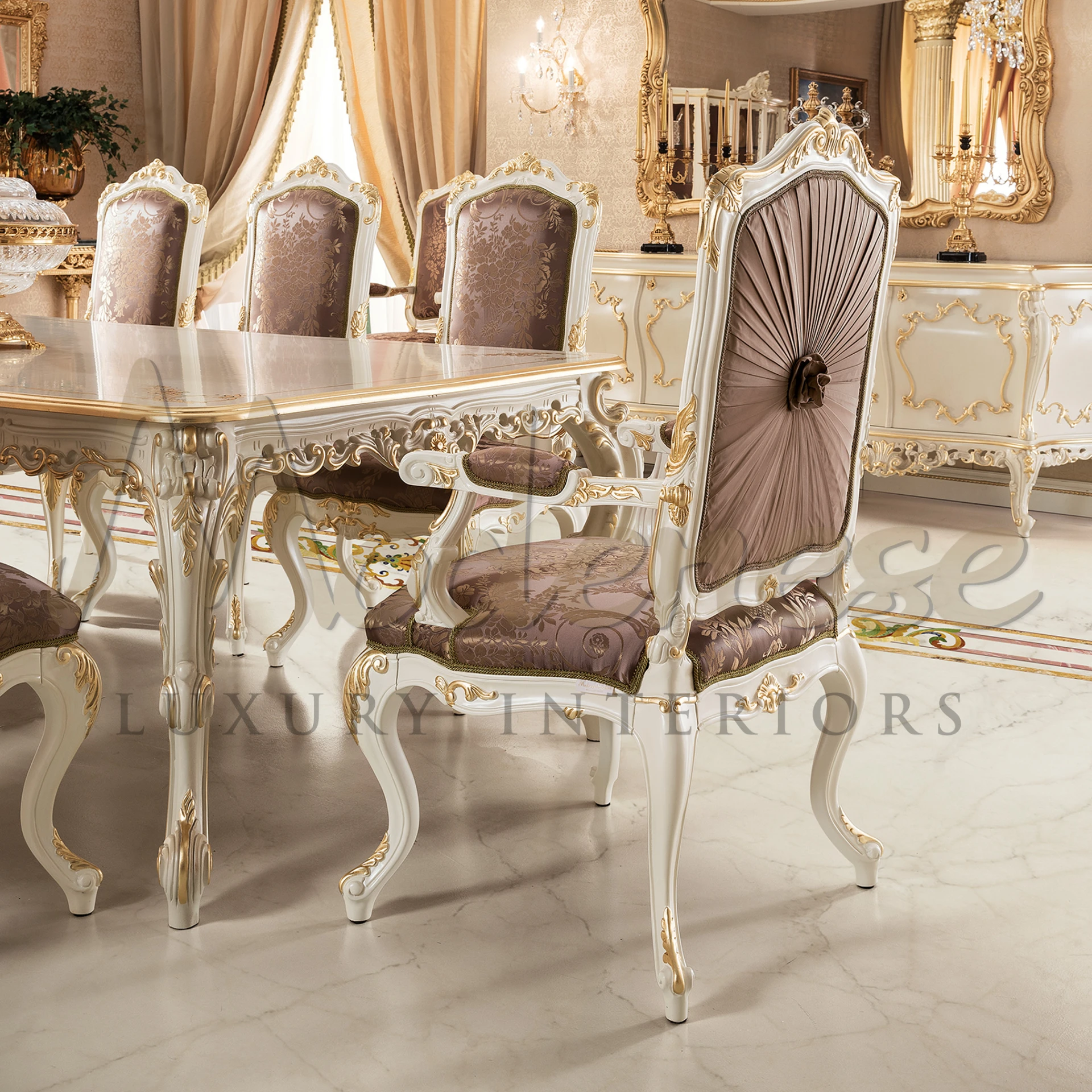 Indulge in luxury with Modenese Furniture's dining featuring baroque legs, light purple upholstery, and exquisite gold leaf appliques on ivory lacquer finish.