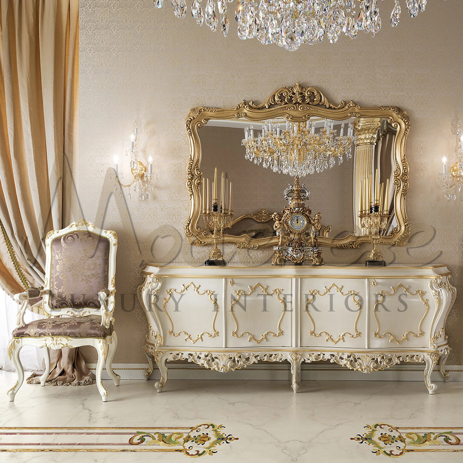 Experience with Modenese Furniture's interior. Baroque legs, light purple upholstery, and gold leaf applique details exude elegance and grandeur.