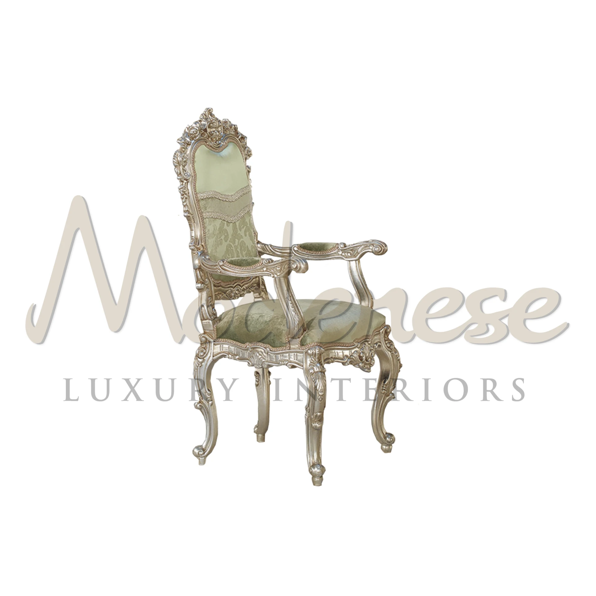 Indulge in luxury with Modenese Furniture's upholstered armchair. Gold leaf finish, premium fabric, and intricate baroque carvings for regal elegance.