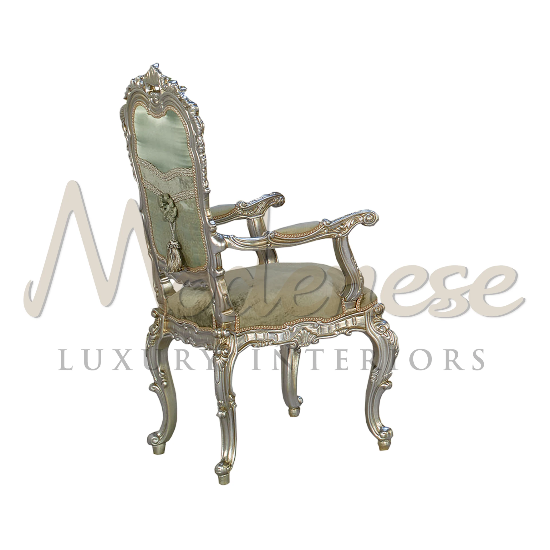 Experience royalty with Modenese Furniture's armchair. Gold leaf finish, premium upholstery, and intricate baroque carvings exude timeless elegance.