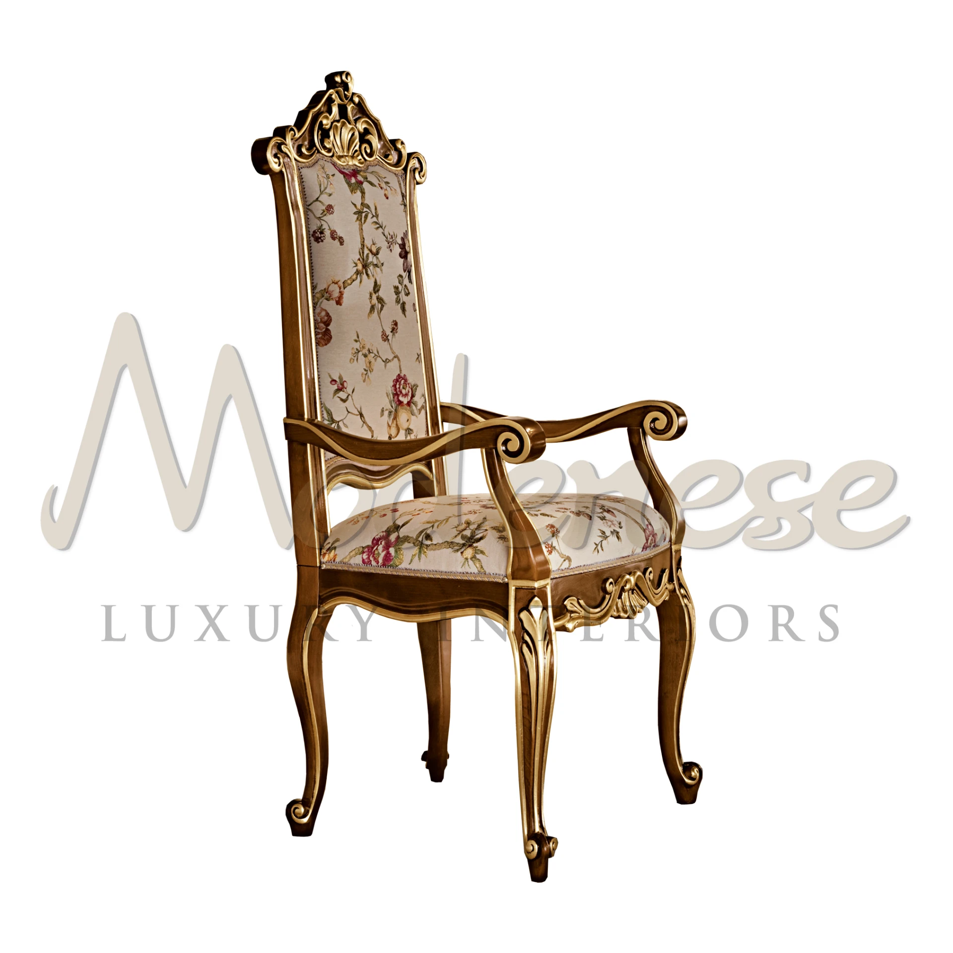 Experience palatial settings with this shiny dining chair featuring gold leaf accents, walnut finish, and luxurious floral upholstery.