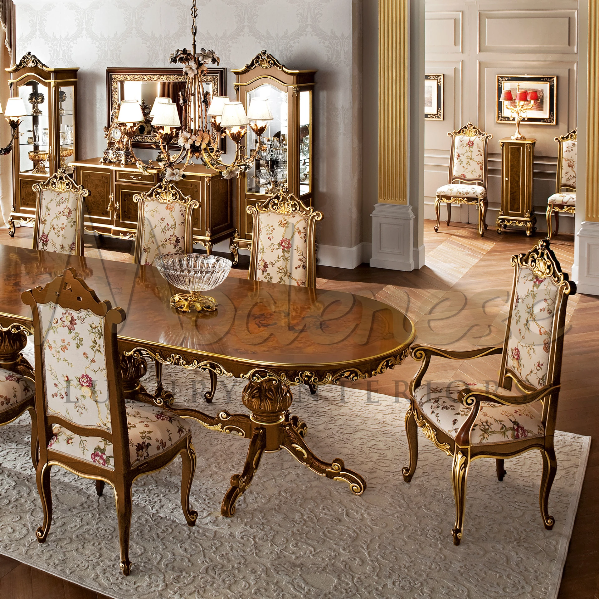 Exquisite dining table for high-end palaces, featuring gold leaf applications, walnut finish, and elegant floral upholstery.
