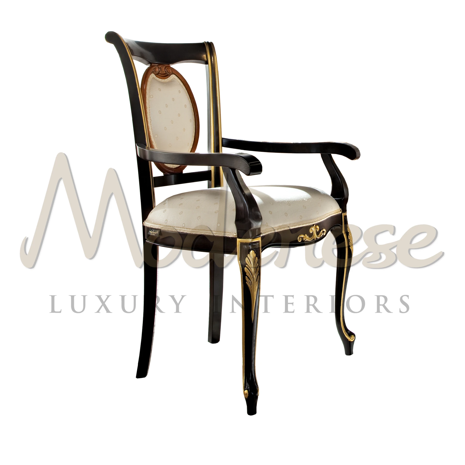 Handcrafted luxury seating atop a black lacquered wooden frame, adorned with golden details. Elevate your décor with timeless beauty.