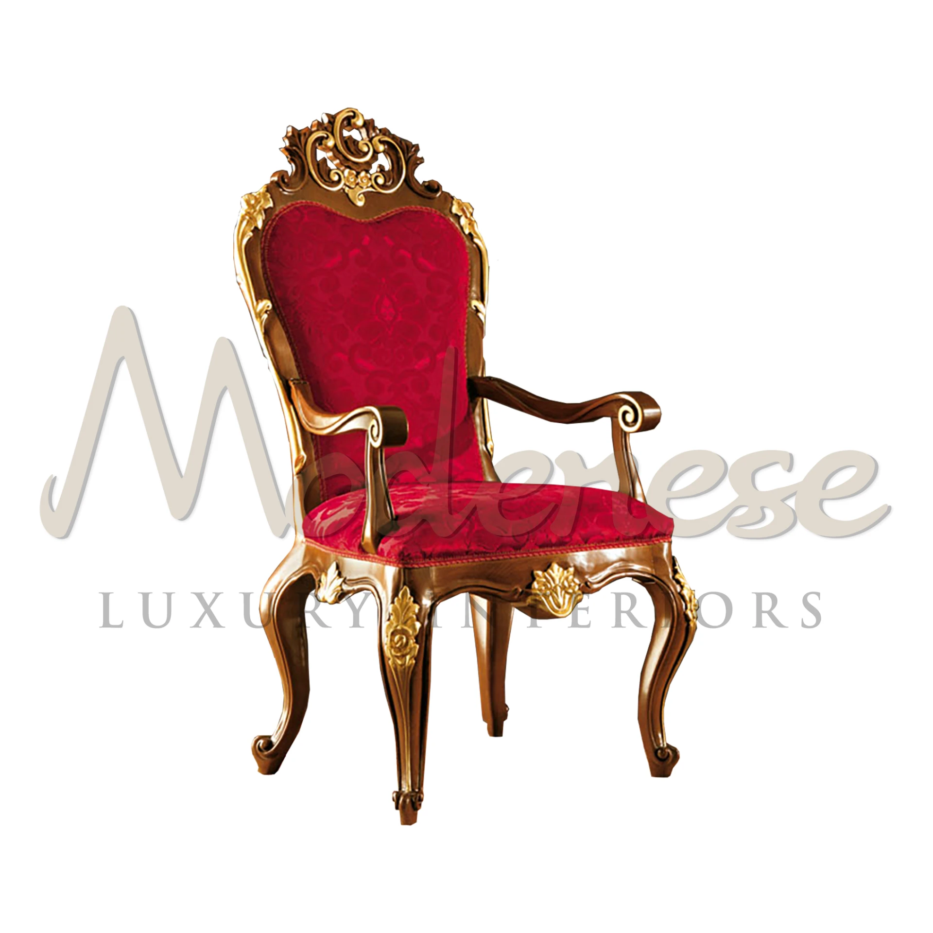 Make a statement with this flamboyant armchair featuring intricate upholstery, solid curved wood frame, and gold leaf carvings.