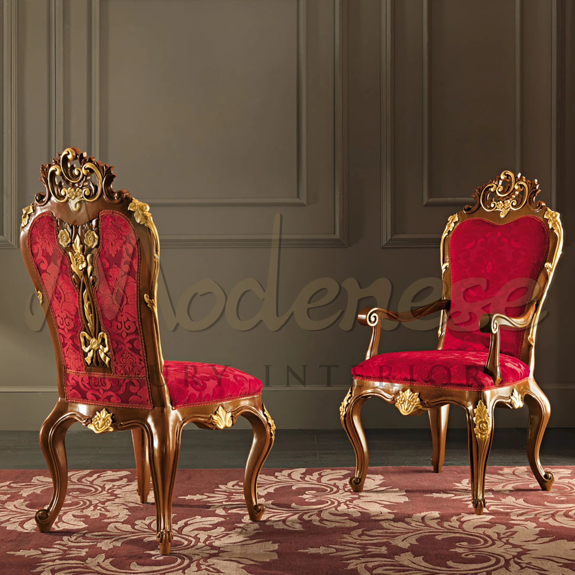 Experience your living space with this luxurious chair by Modenese Furniture, boasting flamboyant upholstery and elegant gold leaf carvings.