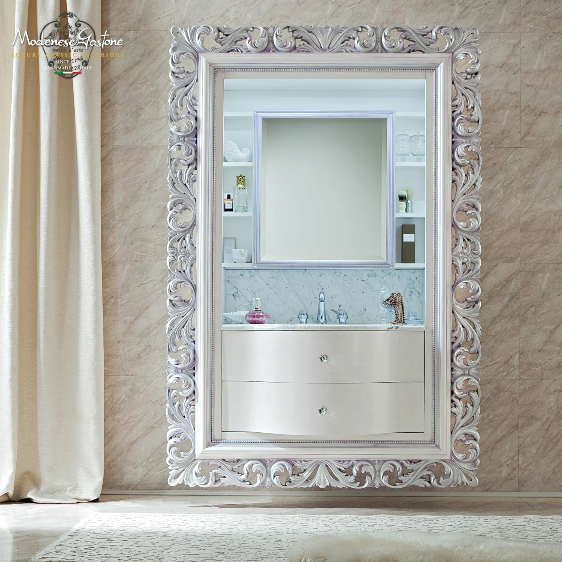 Silver leaf wood carved mirror and white laquered bathroom sink cabinet by Modenese Bathroom Furniture