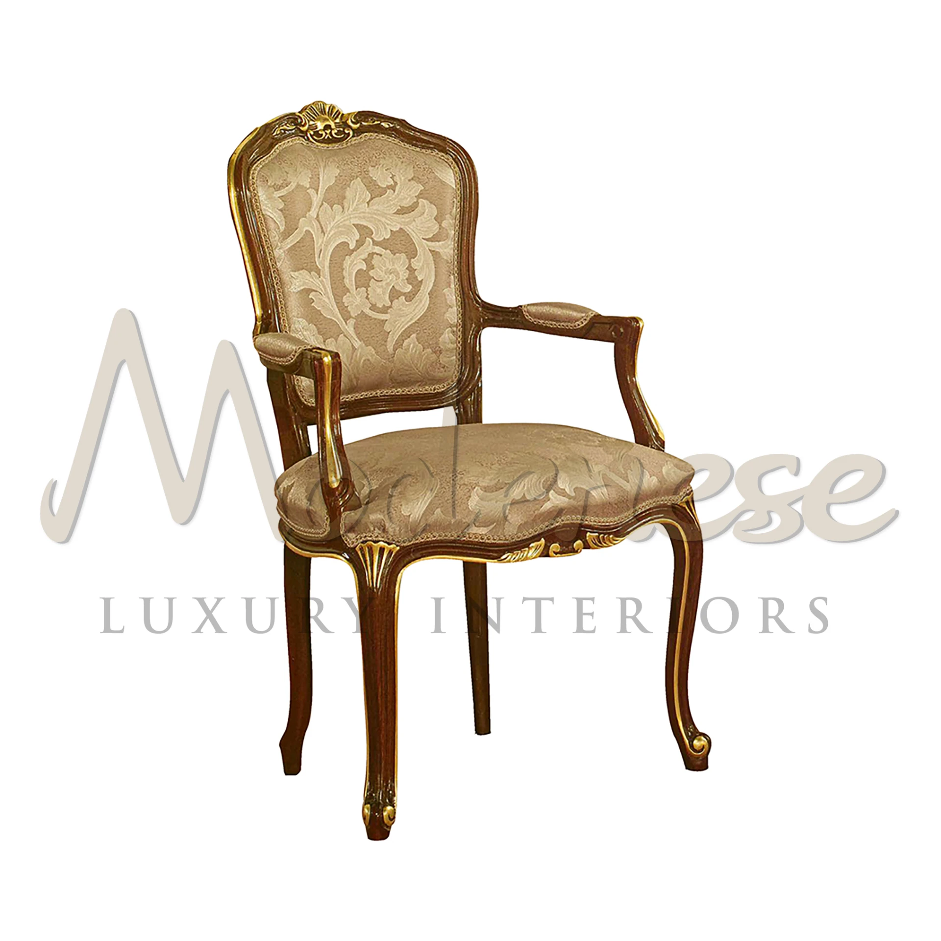 Handcrafted with premium fabric, intricate gold leaf, and classic walnut finish, embodying ancient baroque traditions and Italian craftsmanship.