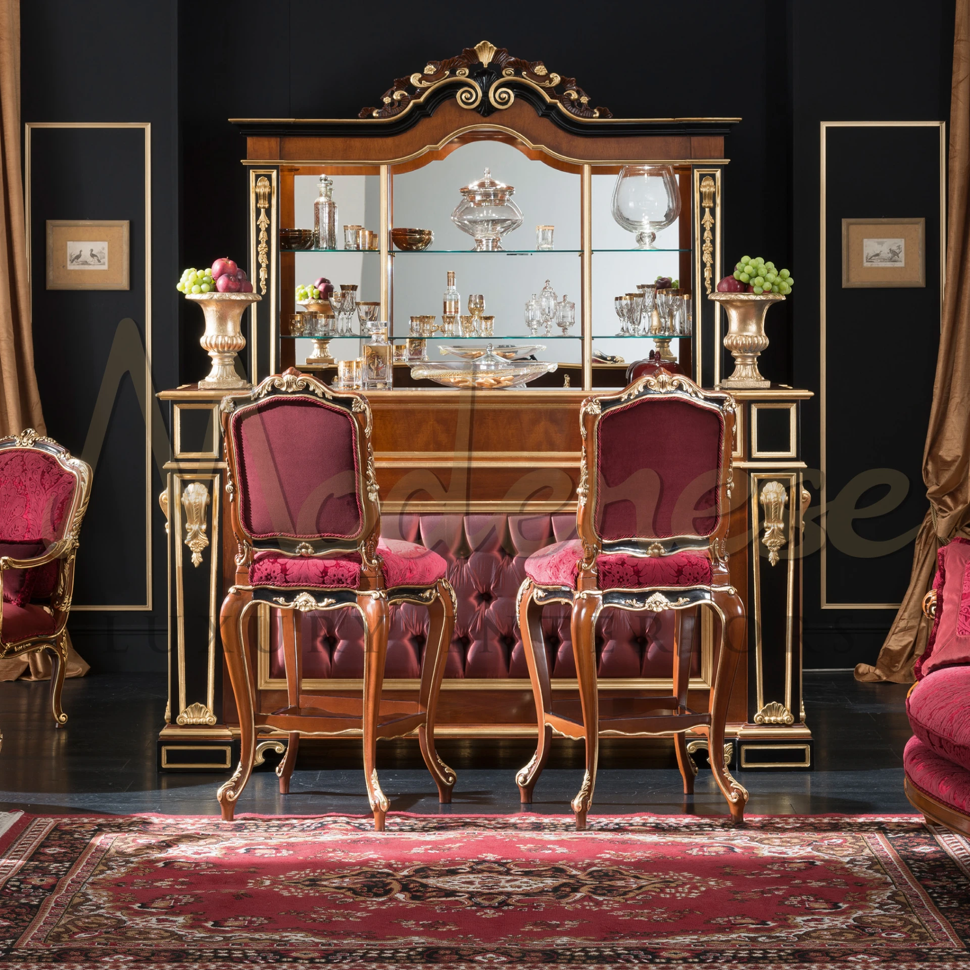 Bright walnut with gold leaf details, part of Modenese Home Bar set. Luxurious red fabric. Hand-carved for lounge elegance.