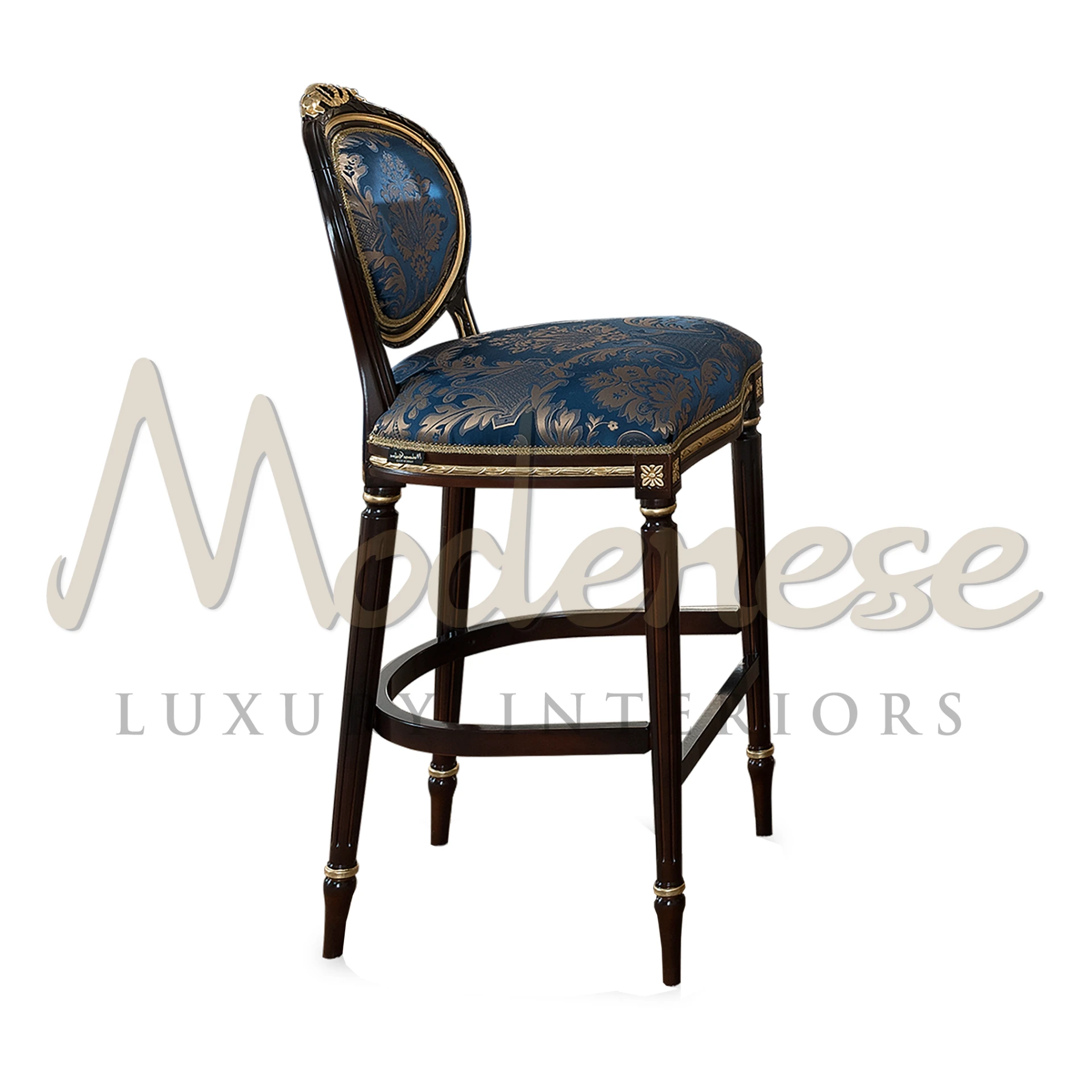 Exquisite black bar stool with gold leaf details. Part of the Modenese Home Bar set, featuring classic blue fabric.