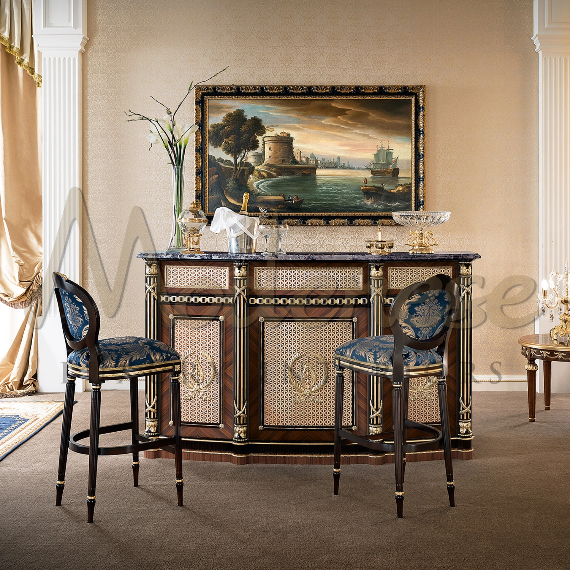 Luxurious empire-style stool with gold leaf accents. Matches the Modenese Home Bar set, perfect for elegant lounges.