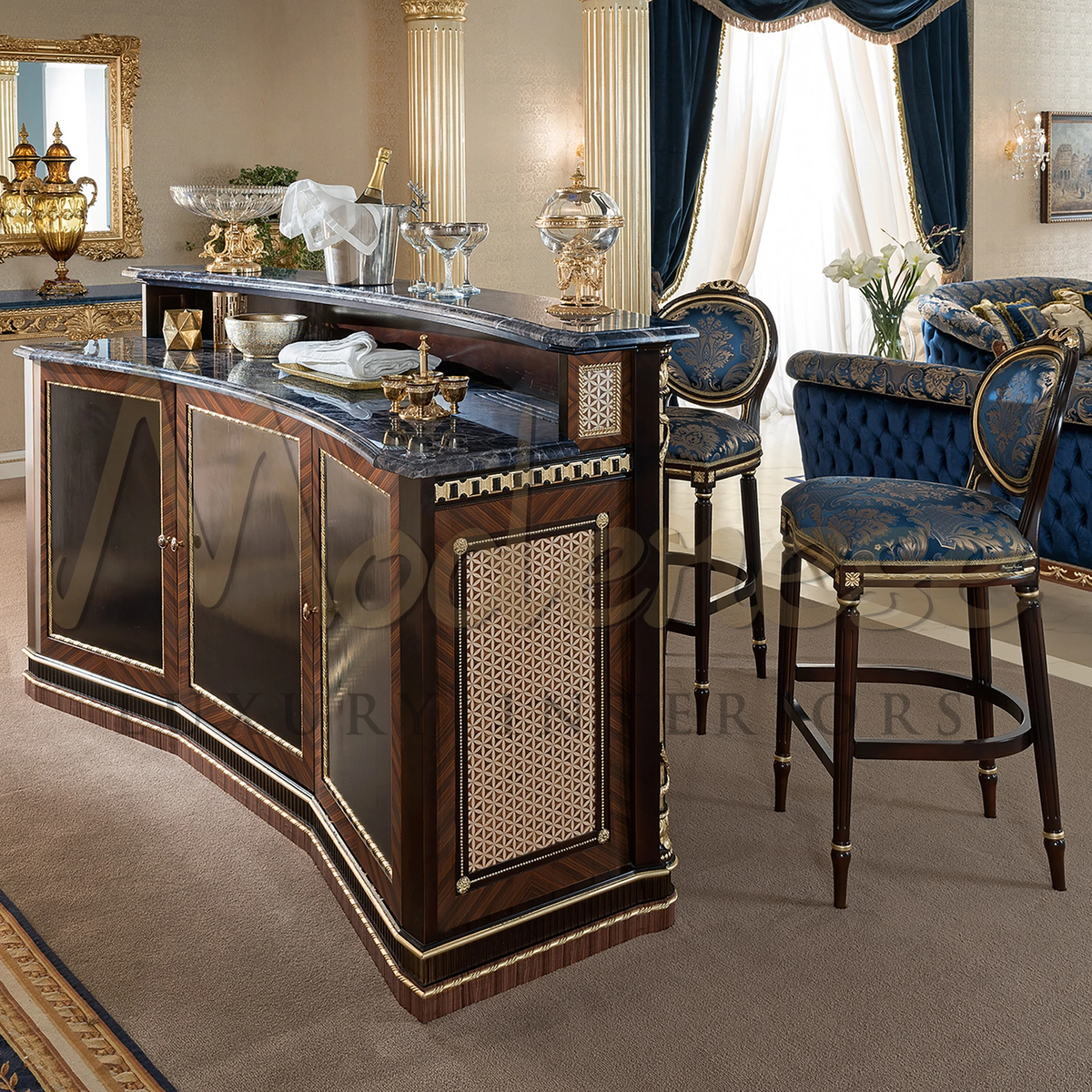 Precisely crafted black stool with gold leaf embellishments. A refined addition to the Modenese Home Bar, fit for upscale residences.