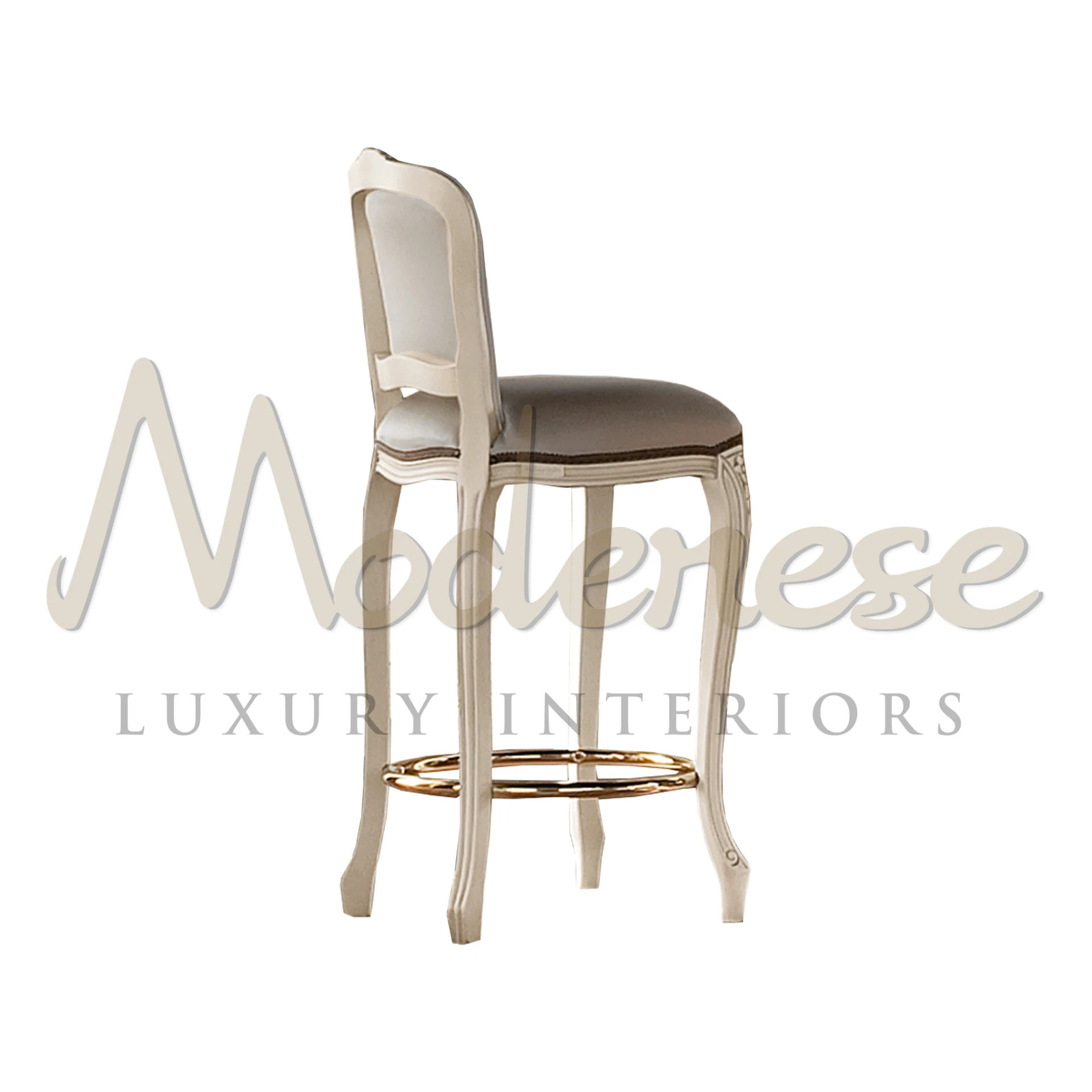 Patinated ivory finishing, grey fabric upholstery, golden metal frame. Perfect match for Modenese Home Bar set, fully customizable for your project.
