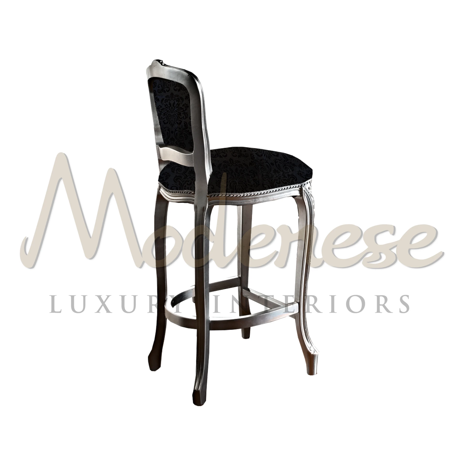 Crafted with solid wood frame, black fabric seats, and elegant silver leaf finish footrest. Perfect for classic or casual settings.
