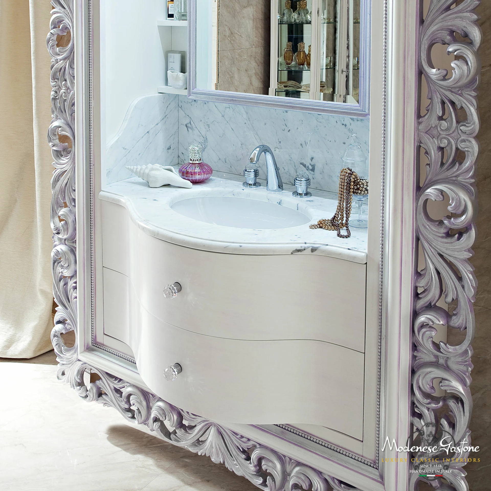 Luxury classical bathroom cabinet with attached carved elegant mirror