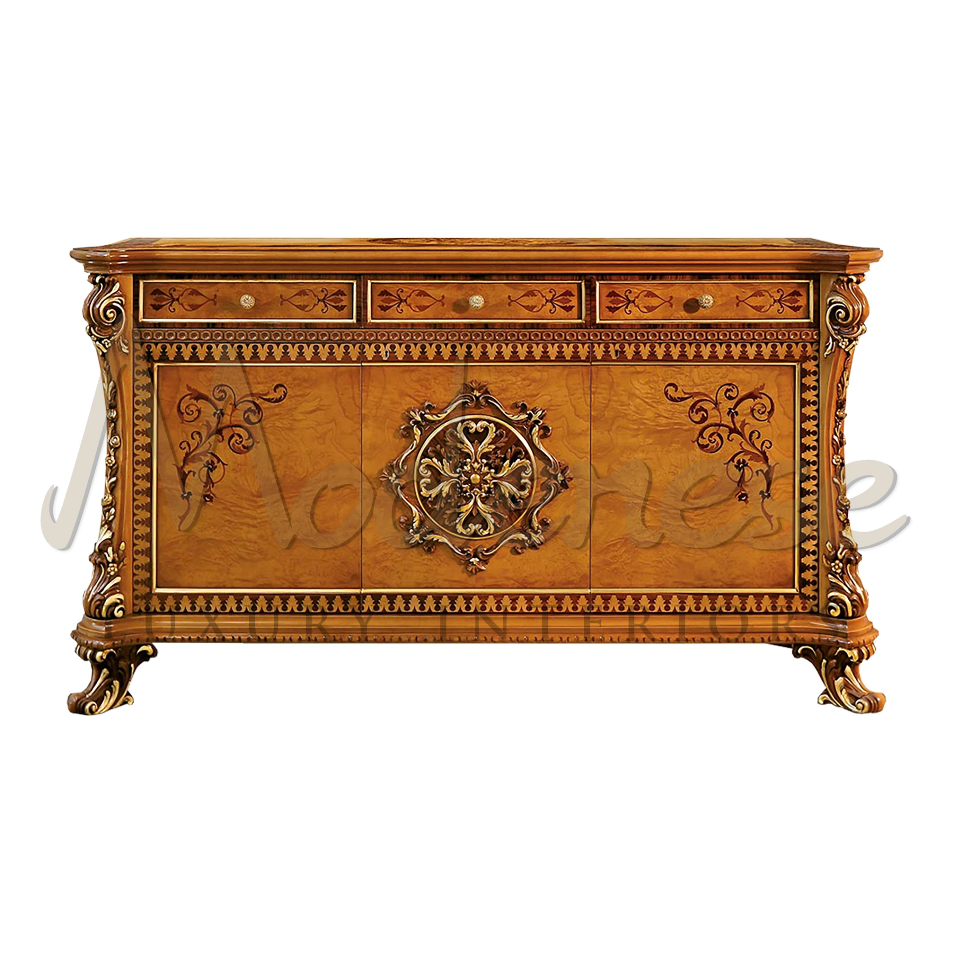 Elegant solid wood sideboard with intricate inlay and finely carved details. Features three drawers and three doors, perfect for any living space.