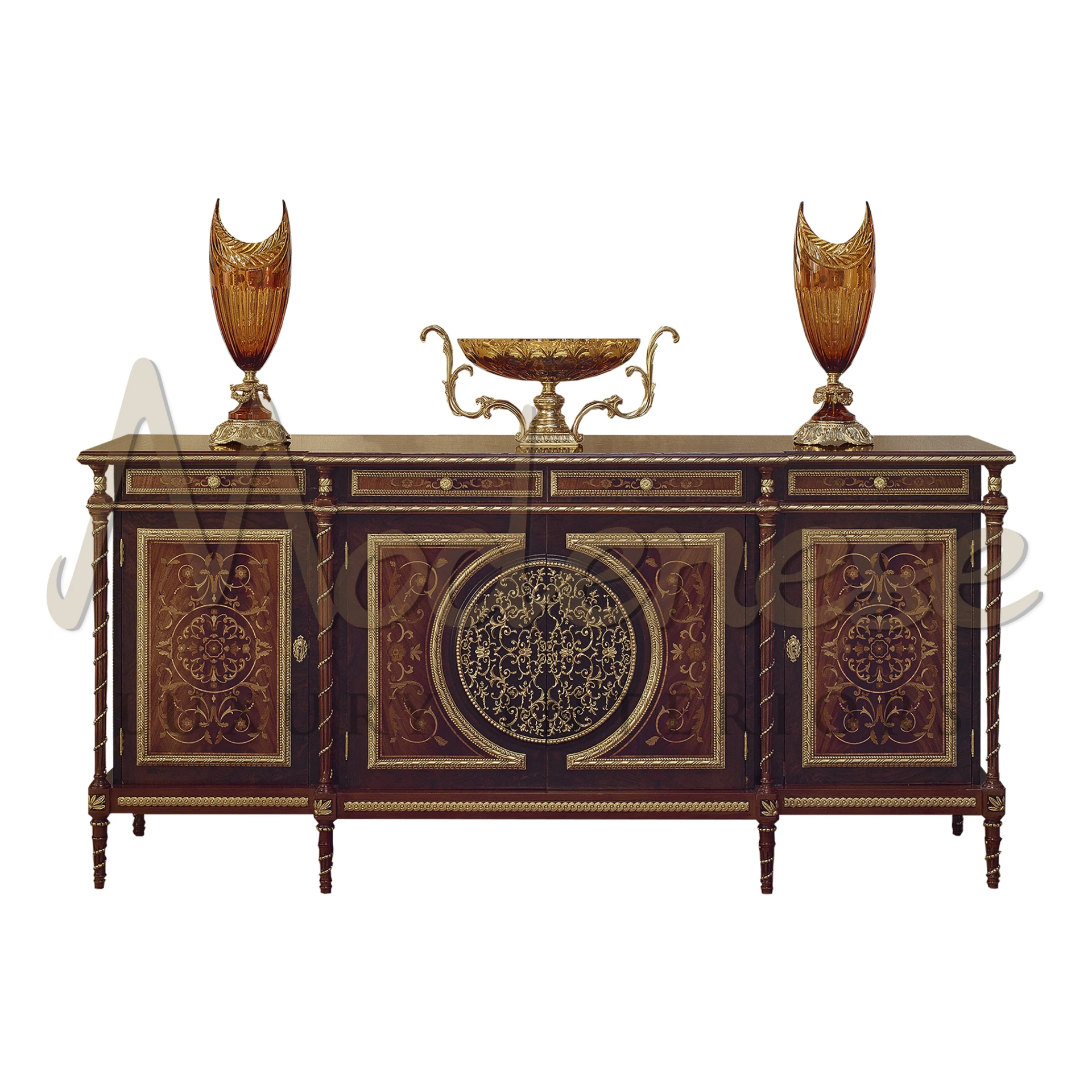 Classic walnut finish adorned with floral inlay and hand-carved gold leaf accents. Ample storage with drawers and compartments.