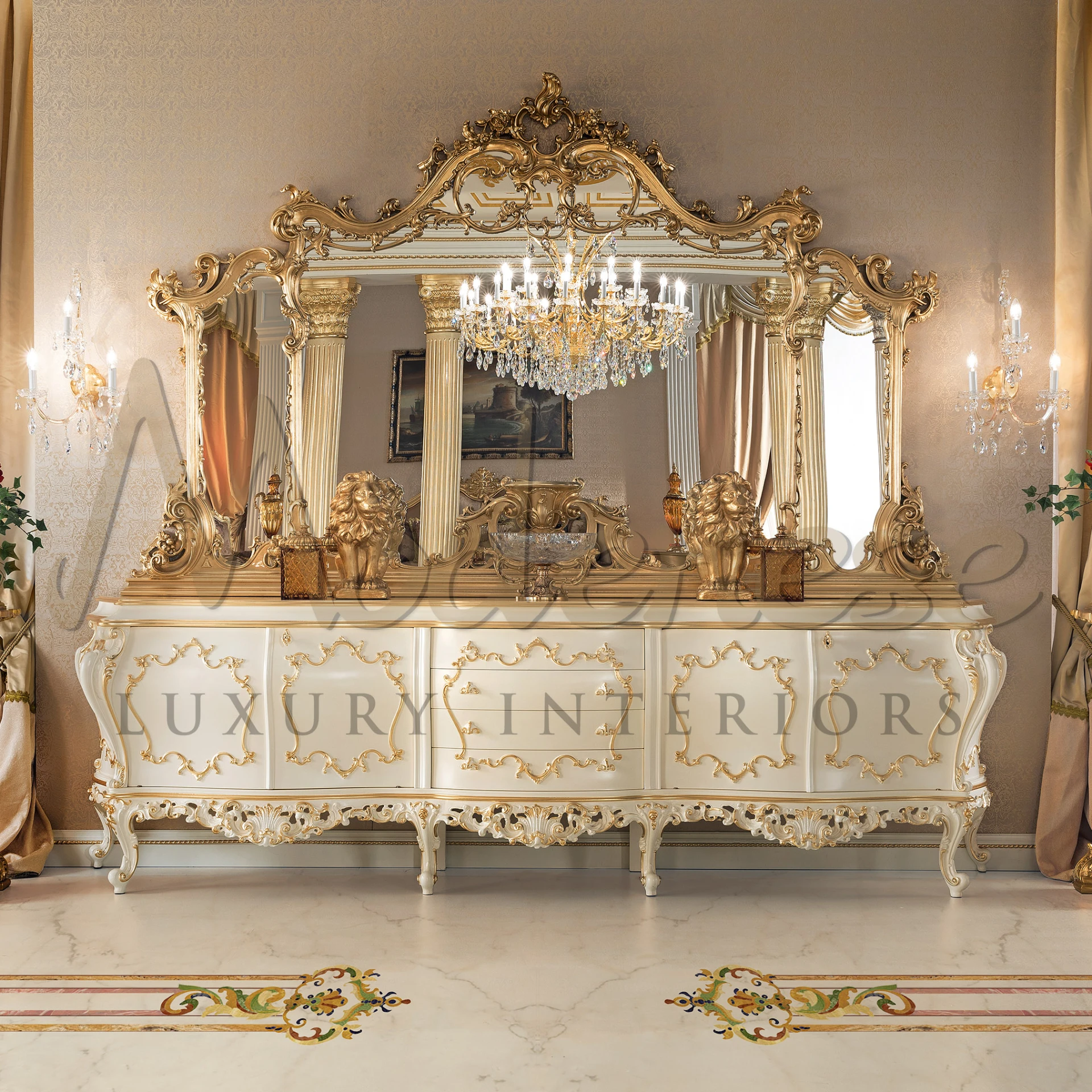 Experience timeless elegance with our 18th-century style ivory credenza. Adorned with golden motifs, four drawers, and ample storage compartments.