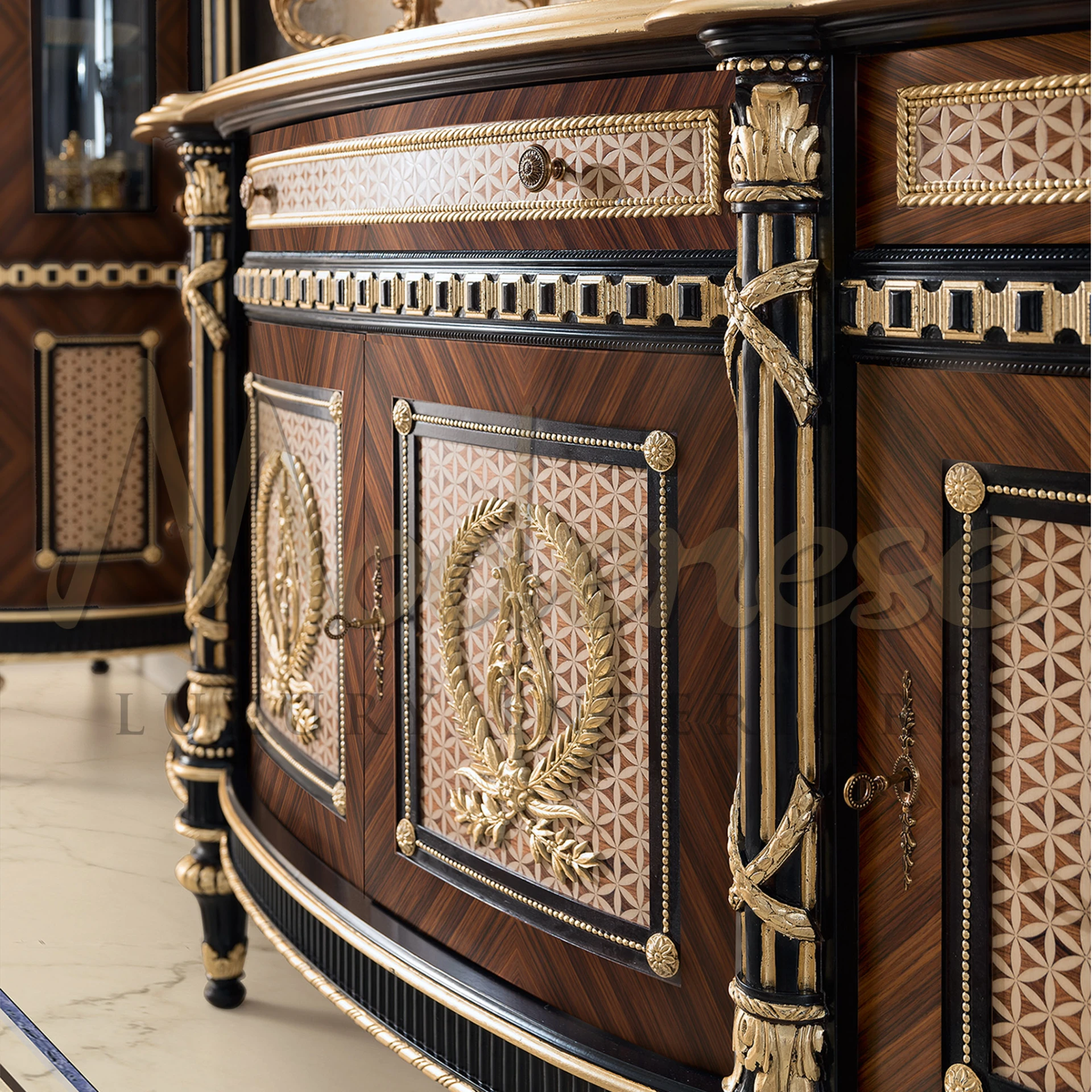 Exquisite oblique wooden panel with black lacquered edge and golden decorations. A true representation of Modenese Furniture's craftsmanship and elegance.