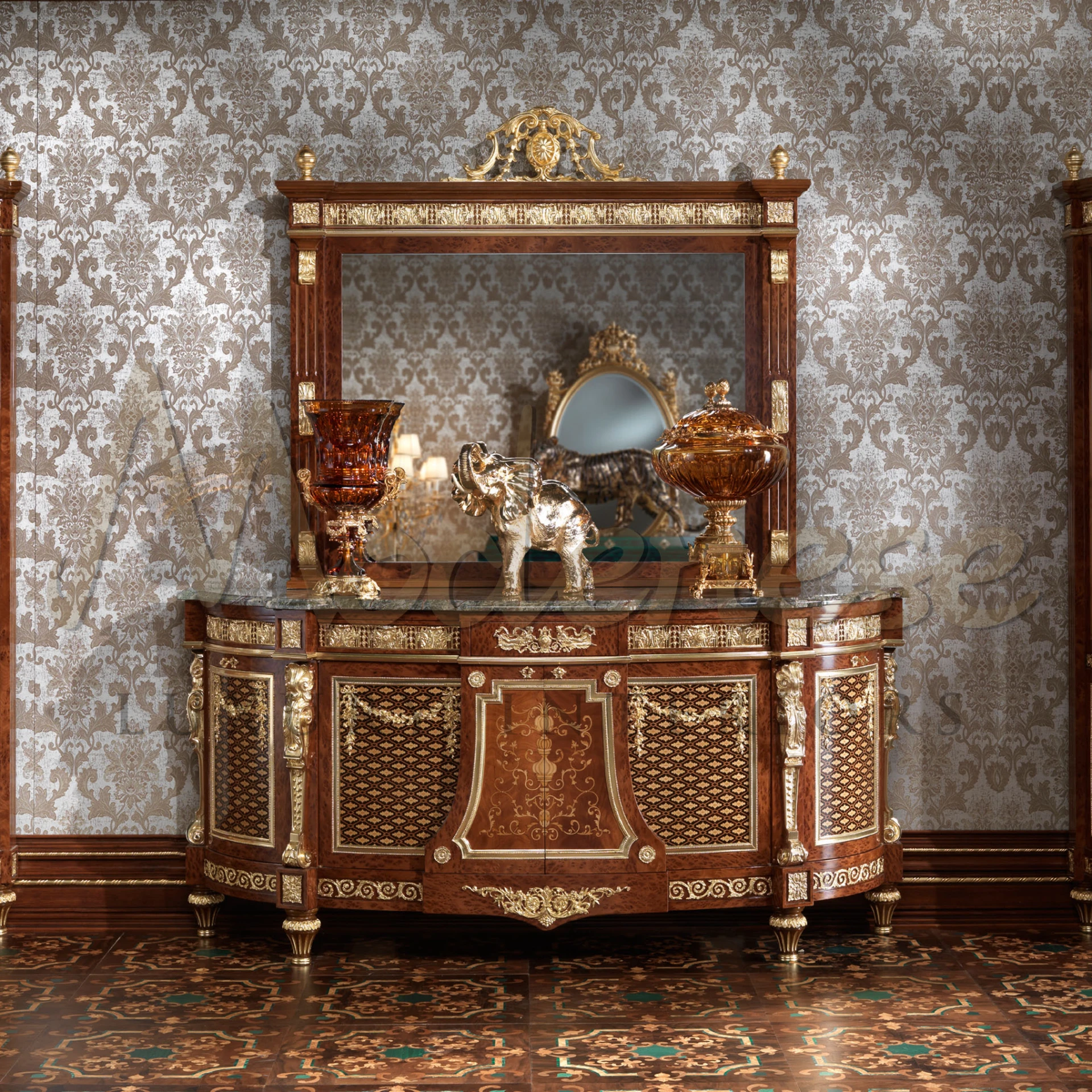 Experience your interior with our opulent Italian credenza, crafted with solid wood, briar panel, intricate inlay work, and golden motifs.