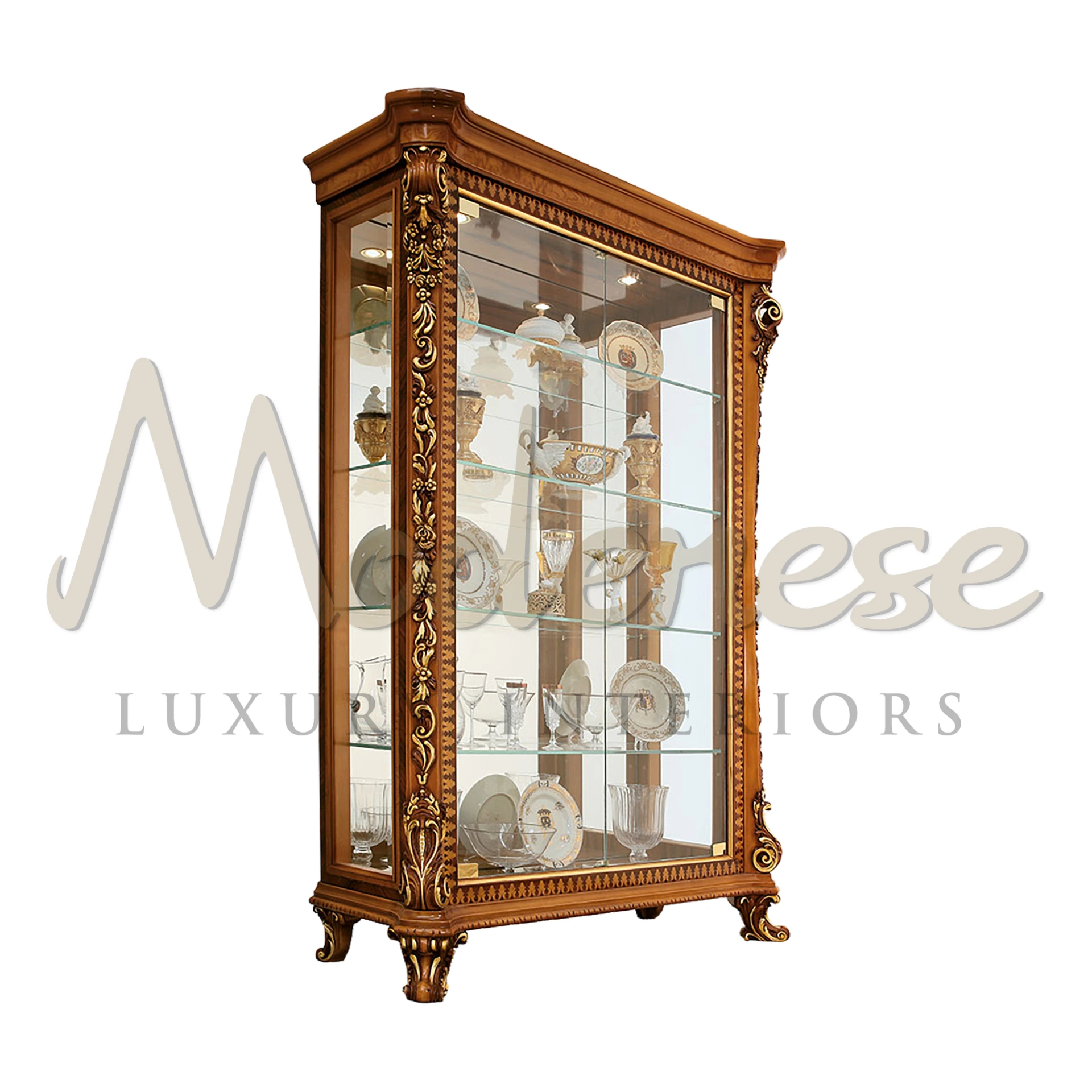 Enhance your dining room with Modenese Furniture's lavish vitrine. Its expansive surfaces are perfect for displaying crystalware, illuminated by elegant chandeliers.
