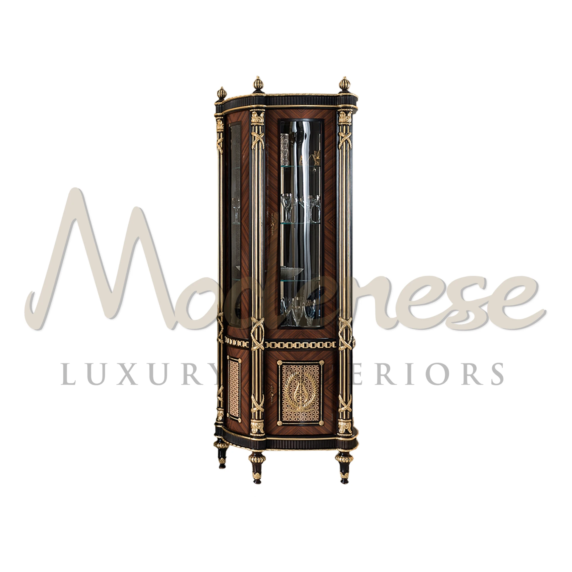 Experience your home's interior with Modenese Luxury Interior's stunning creation. Featuring empire-style legs, golden carvings, dark columns, and sleek glass details.