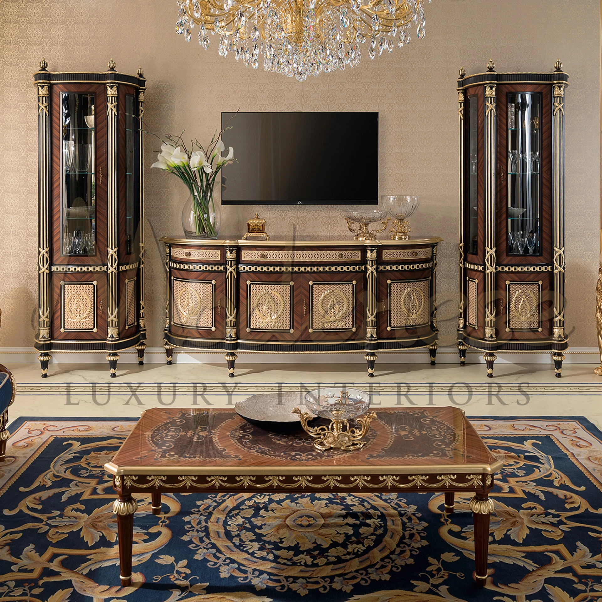 Experience luxury like never before with Modenese Luxury Interior's opulent creation. Adorned with empire-style legs, golden carvings, dark columns, and elegant glass accents.
