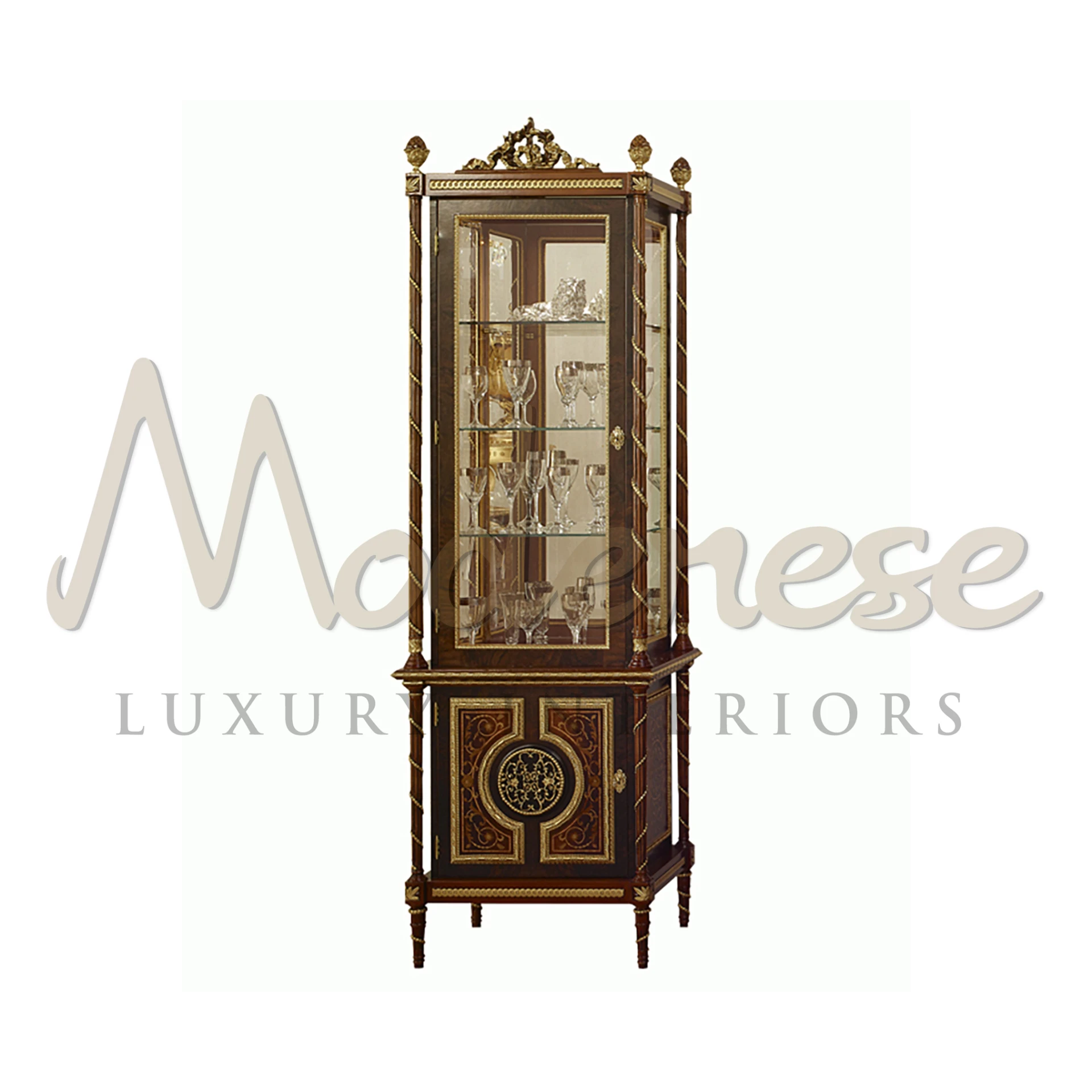 Transform your space with Modenese Luxury Interior furniture. This majestic vitrine boasts empire-style revival, intricate inlays, and gold leaf decorations.