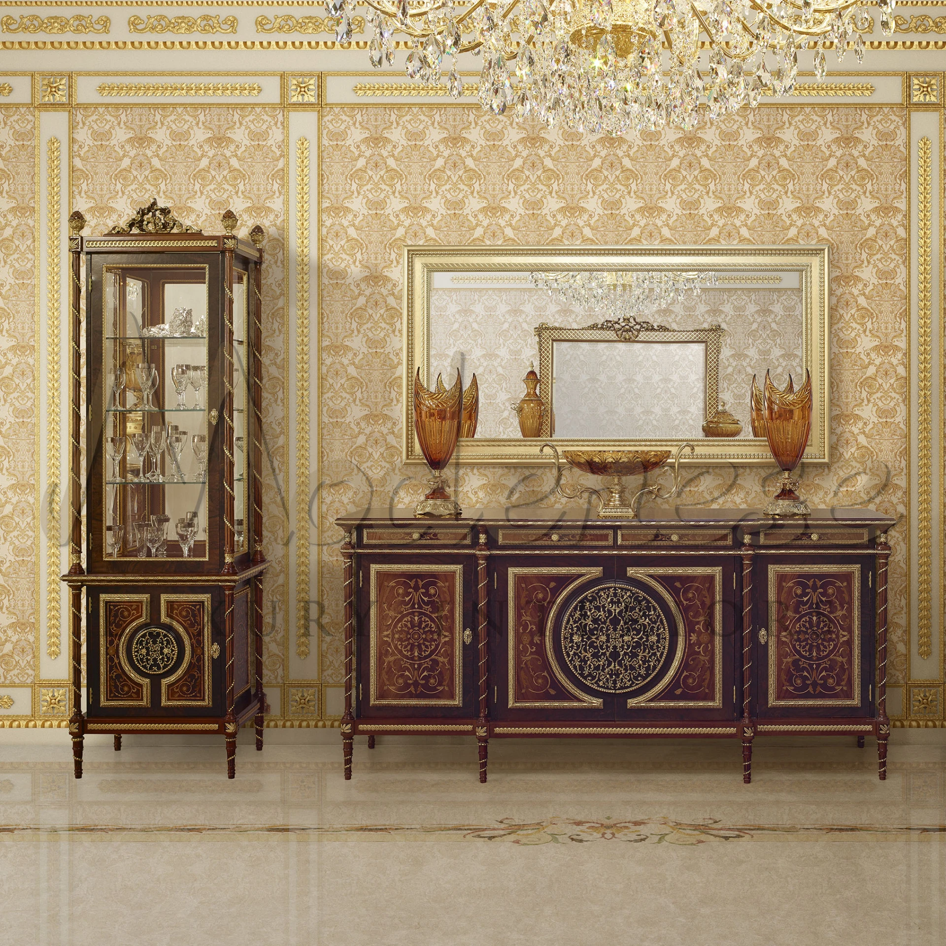 Transform your home into a palace with Modenese Luxury Interior. This vitrine showcases intricate inlays, gold leaf decorations, and baroque elements.