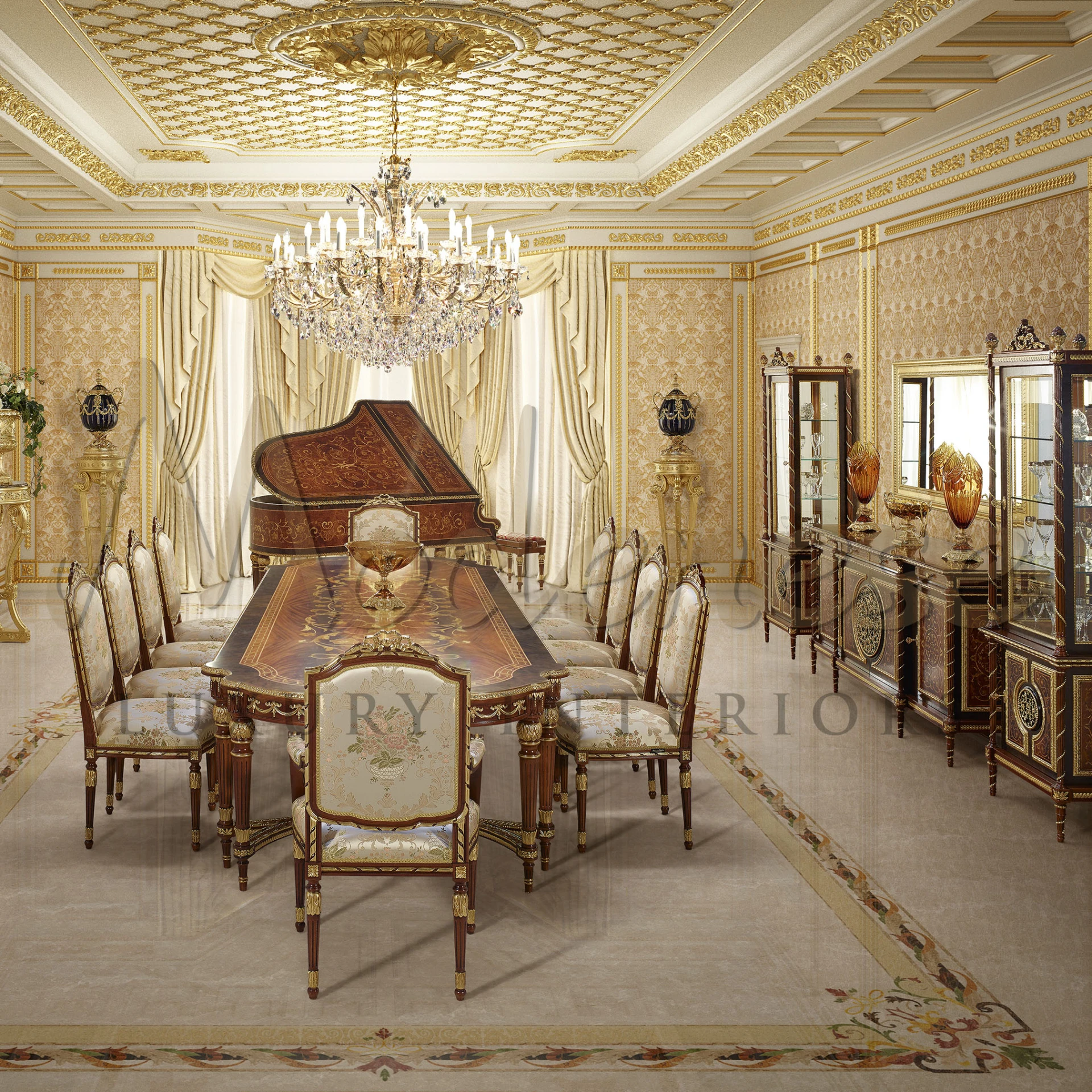Upgrade your space with Modenese Luxury Interior. This vitrine boasts empire-style revival, precious inlays, gold leaf decorations, and handcrafted wooden interior. 