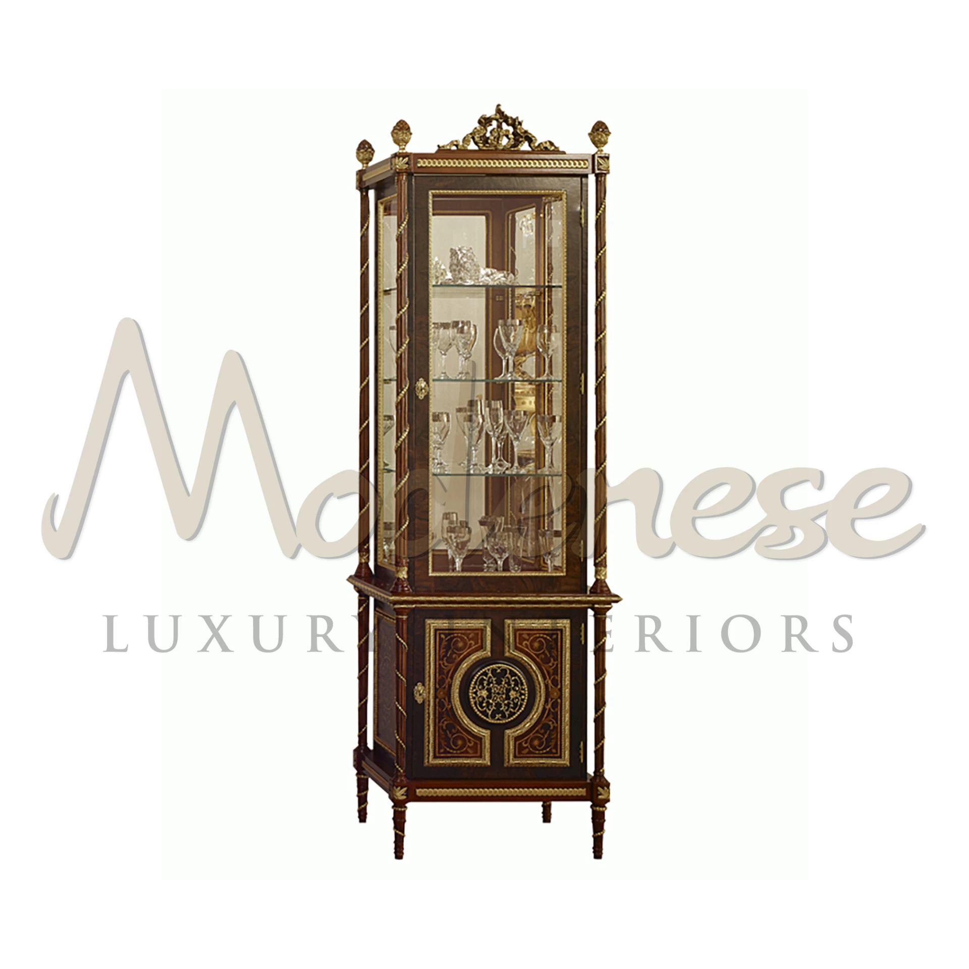 Decor your home with Modenese Luxury Interior's majestic vitrine, featuring gold leaf decorations and baroque carvings for an opulent touch.