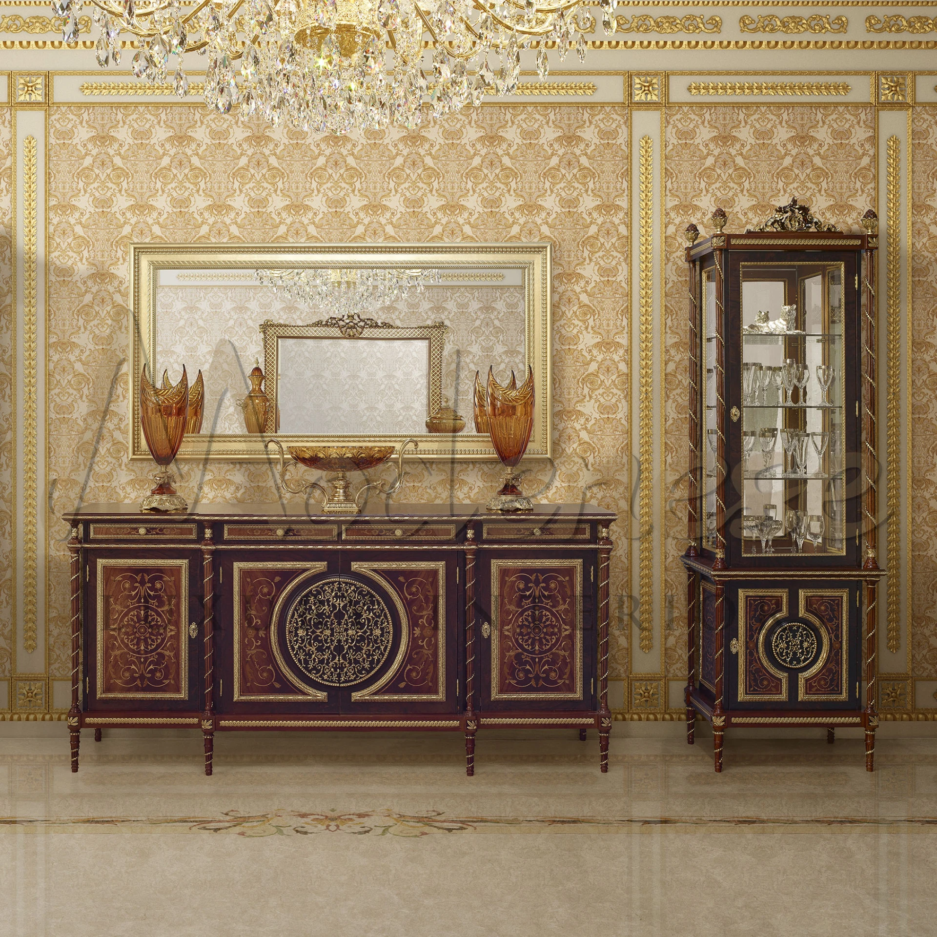 Transform your space with a piece of luxury; an empire-style vitrine adorned with precious inlays and handcrafted details by Modenese Luxury Interior.
