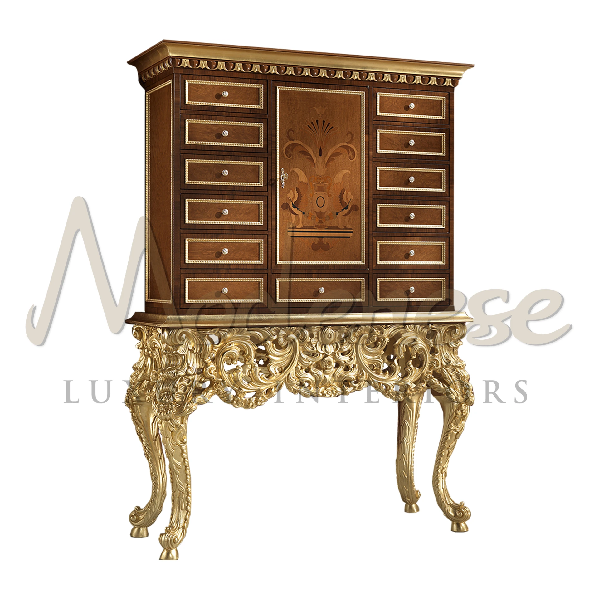Modenese Furniture presents a solid wood coin cabinet with 13 drawers, adorned with hand-carved squiggles and gold leaf highlights. A walnut finish and inlaid drawers define pure luxury.