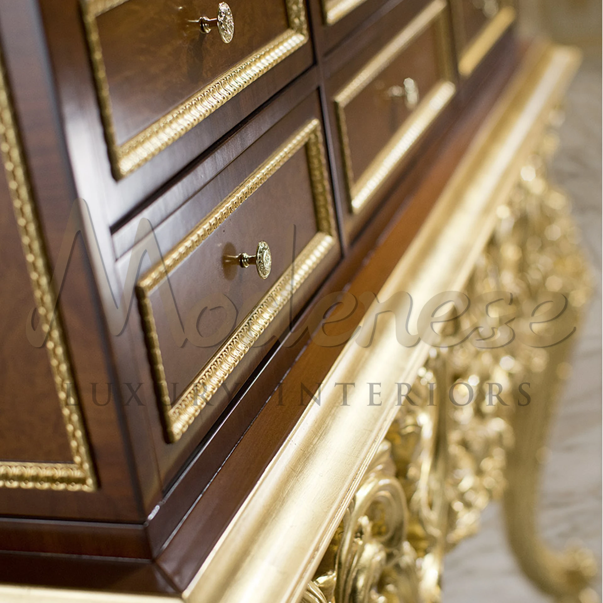 Modenese Furniture offers a masterpiece: a 13-drawer coin cabinet with breathtaking hand carvings, gold leaf applications, and a sophisticated walnut finish for the discerning collector.