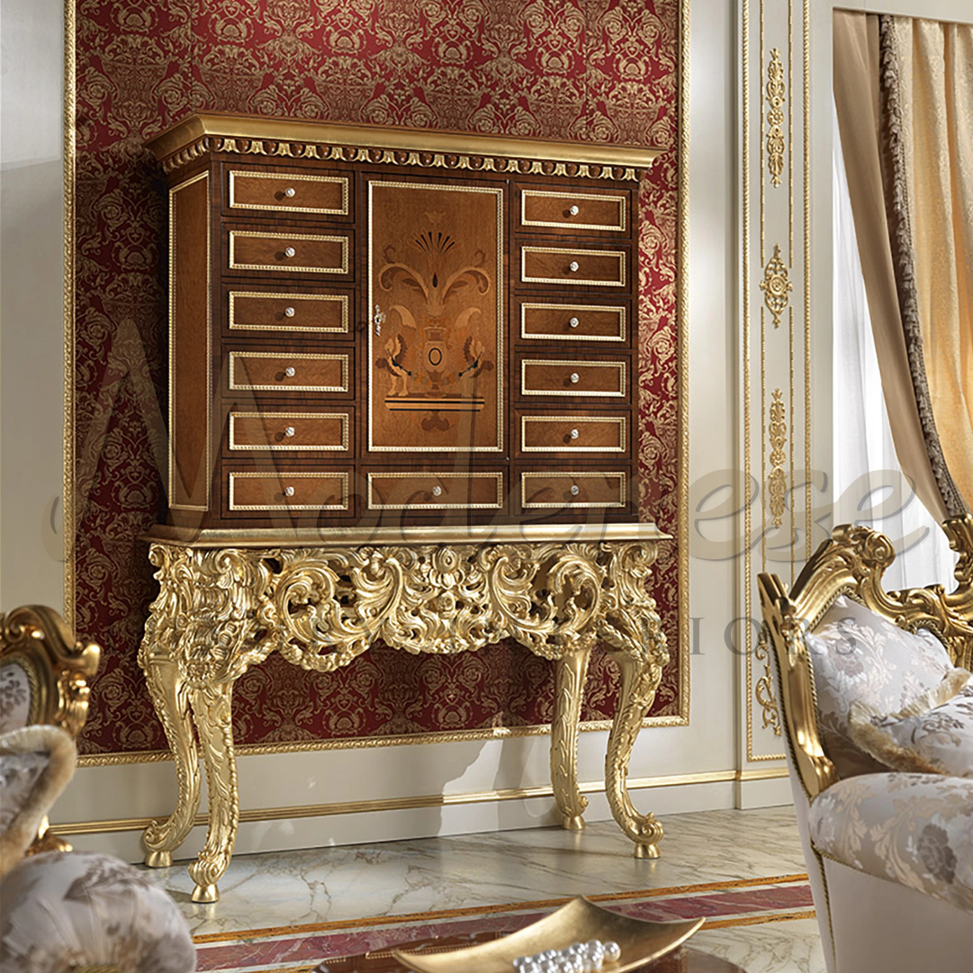 This magnificent 13-drawer cabinet from Modenese Furniture boasts hand-carved details, shiny gold leaf applications, and inlaid drawers, all enveloped in a luxurious walnut finish.