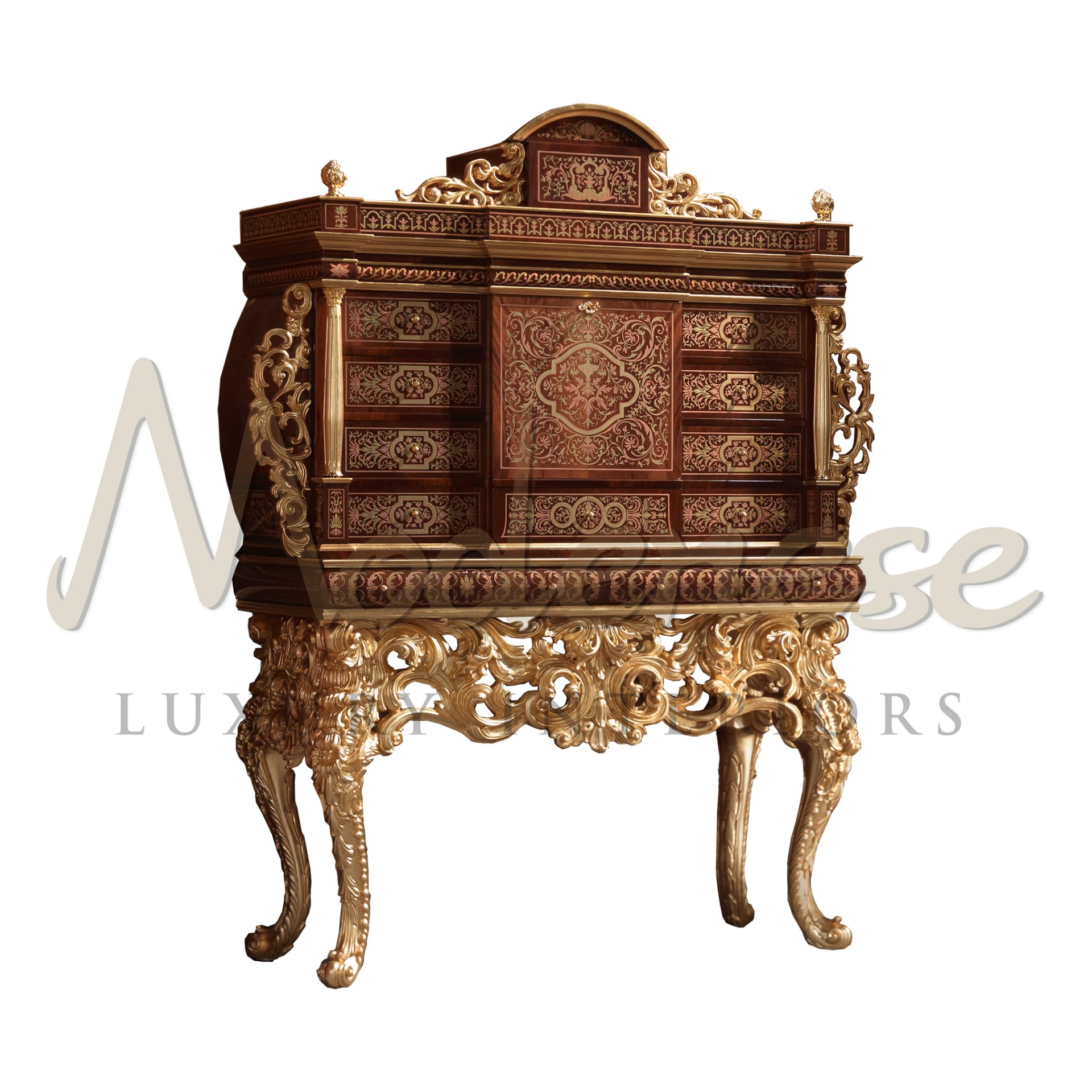 Modenese Furniture presents a solid wood, gold-leaf adorned cigar cabinet. Features 9 drawers in classic walnut finish, embodying pure luxury.