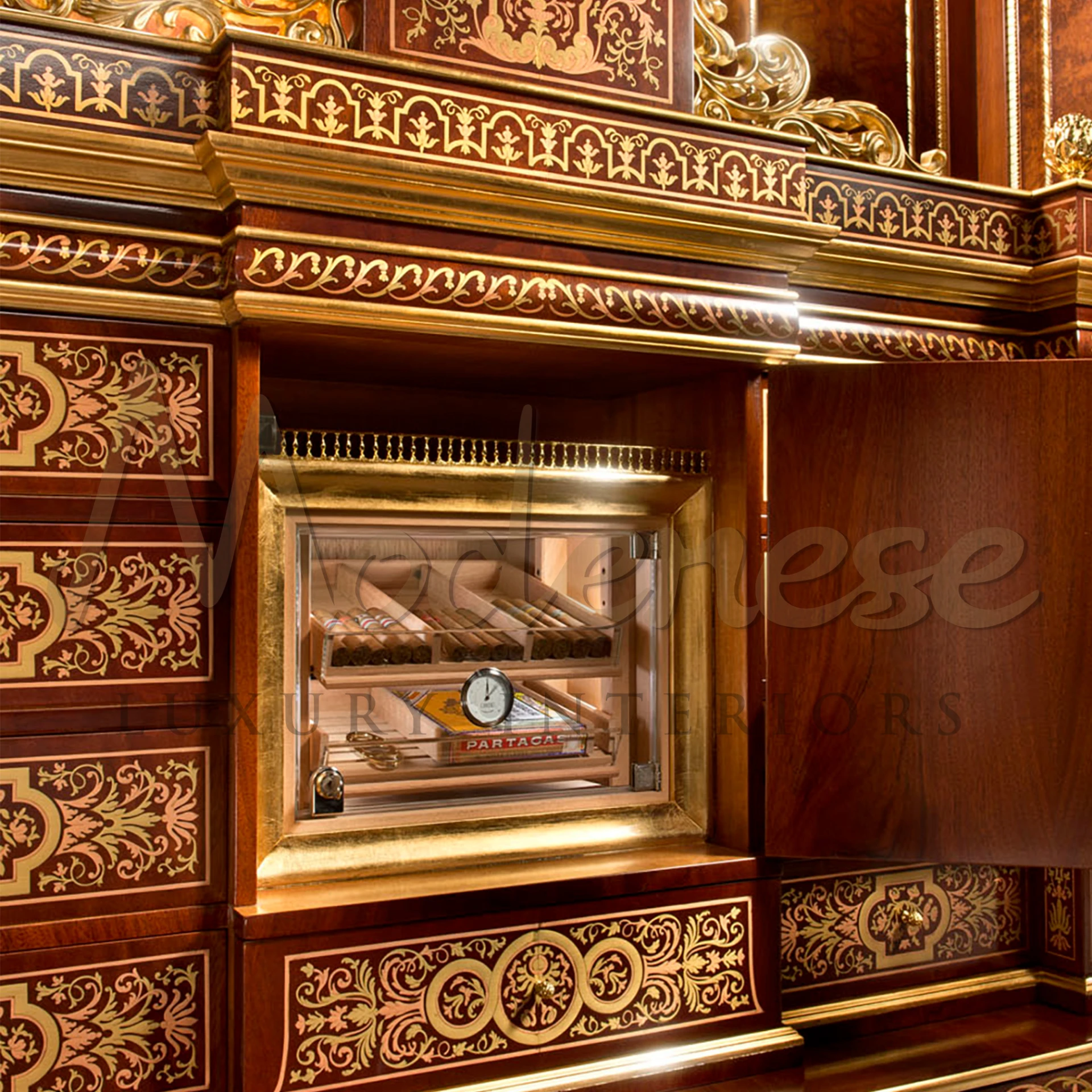 Discover unparalleled elegance with Modenese's high-end cigar cabinet, boasting hand-carved designs and shiny gold leaf decorations on a walnut finish.