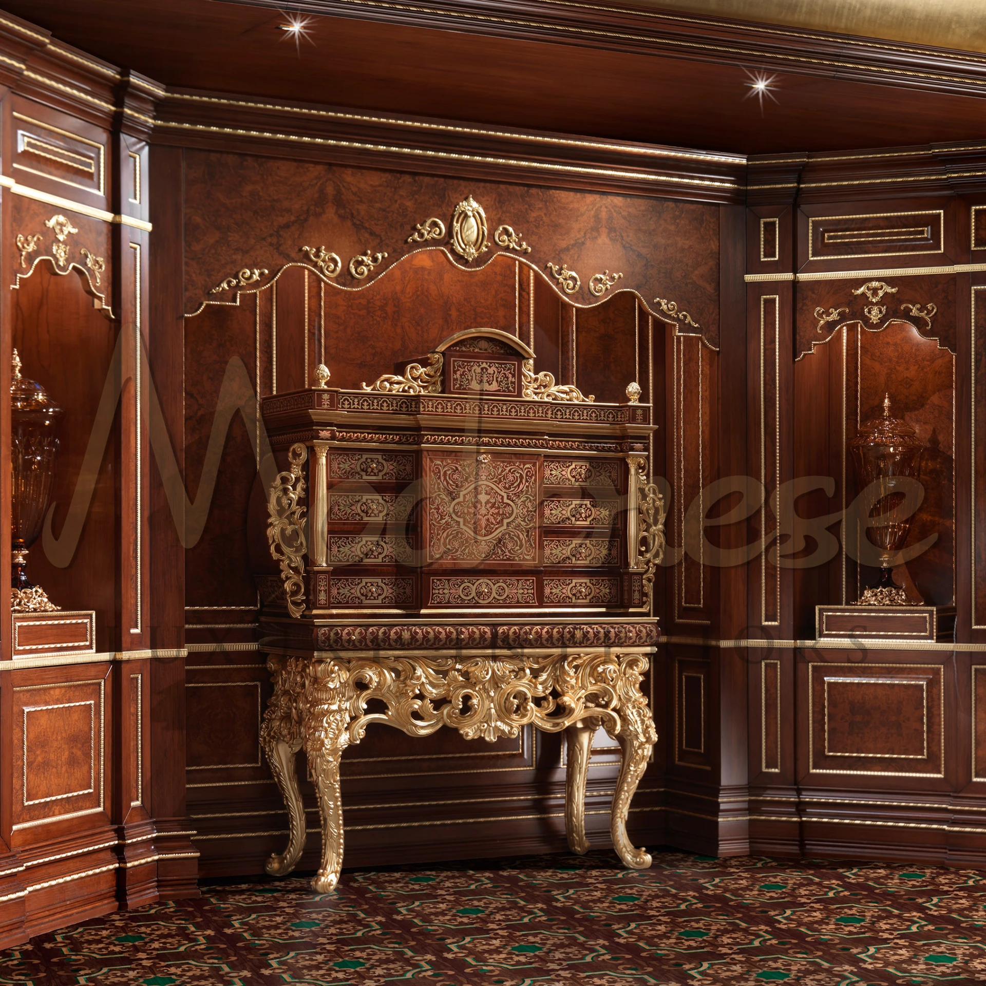 Experience the pinnacle of luxury with a solid wood, hand-carved cigar cabinet from Modenese. Gold leaf squiggles and walnut finish enhance its grandeur.