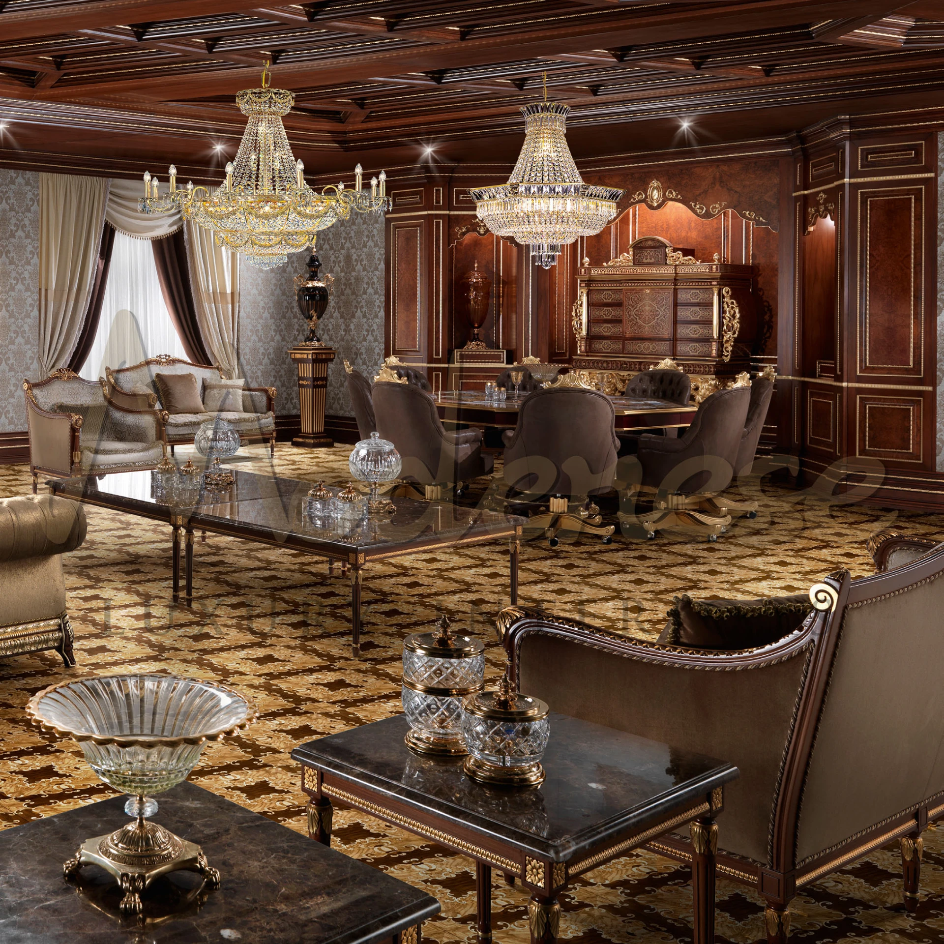 Modenese Furniture's masterpiece: A massive interior with gold leaf hand carvings, solid wood structure enhance its grandeur